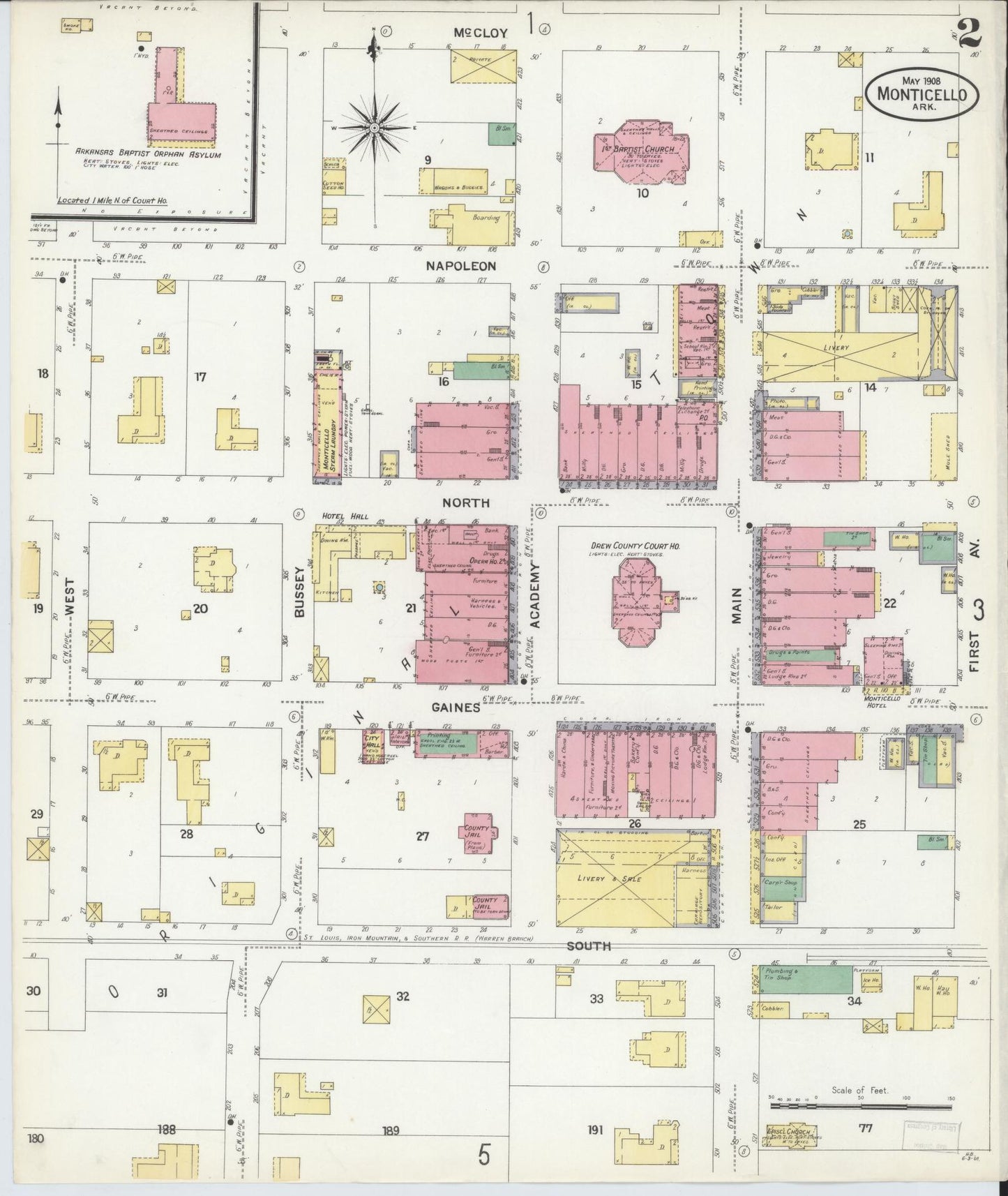 Sanborn Fire Insurance Map from Monticello, Drew County, Arkansas (1908), Sheet #0002 - Historic Sanborn Fire Insurance Map Print, vintage old map wall art, antique decor, genealogy gift, Arkansas Arkansas map