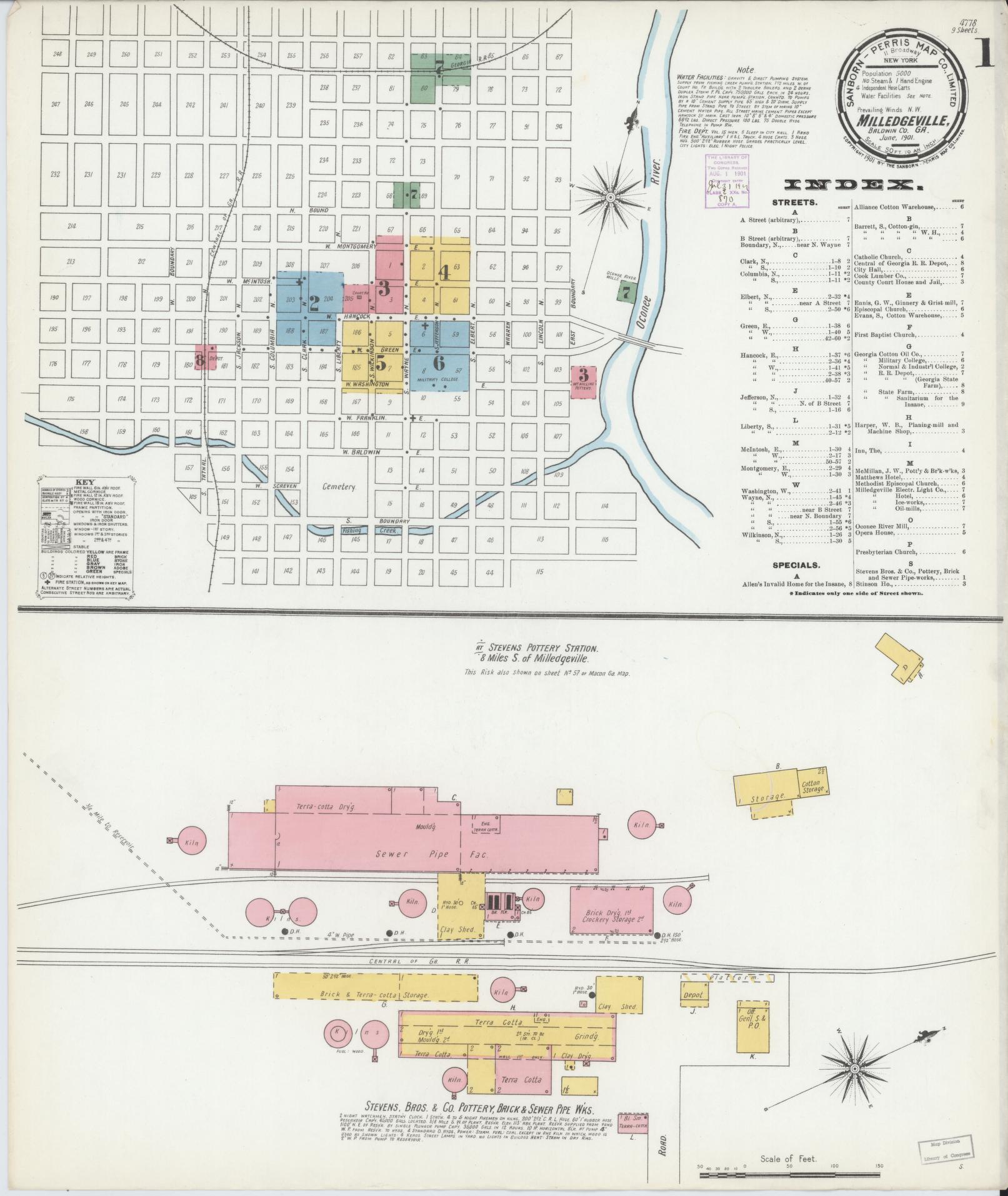 Sanborn Fire Insurance Map from Milledgeville, Baldwin County, Georgia (1901), Sheet #0001 - Historic Sanborn Fire Insurance Map Print, vintage old map wall art, antique decor, genealogy gift, Georgia Georgia map