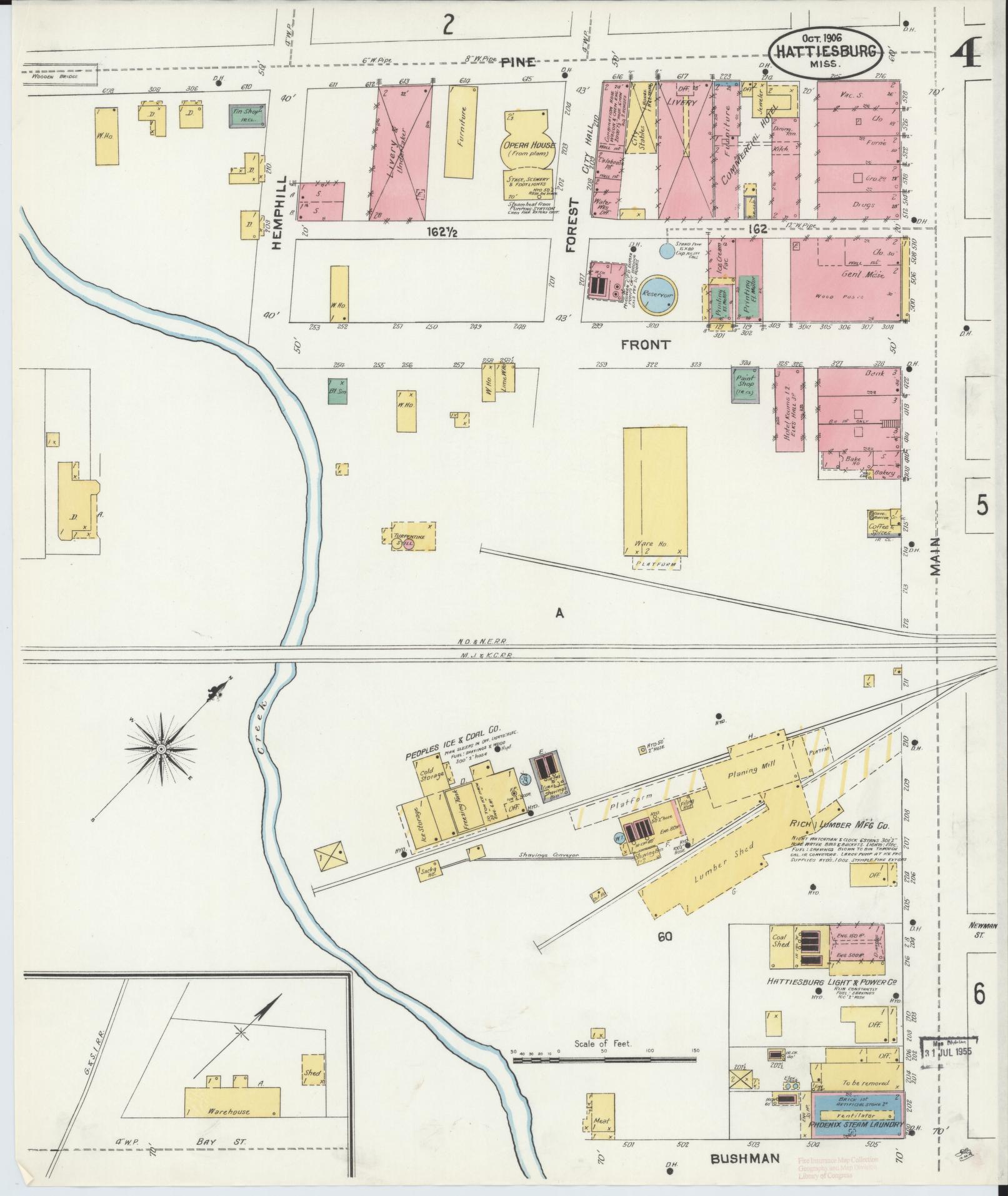 Sanborn Fire Insurance Map from Hattiesburg, Forrest County, Mississippi (1906), Sheet #0004 - Complete Map Set gallery image, historic Sanborn map, vintage wall art, Mississippi Mississippi
