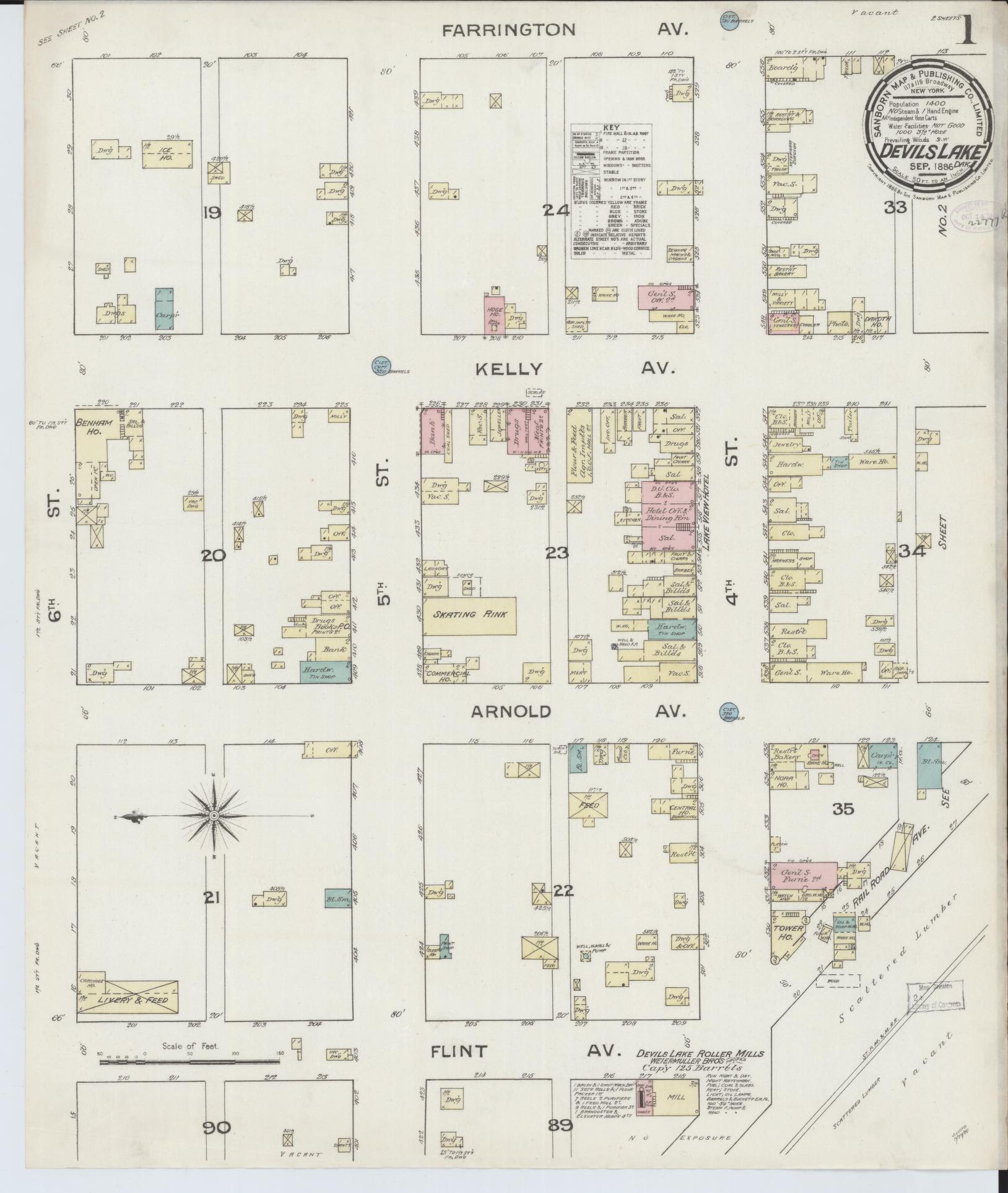 Sanborn Fire Insurance Map from Devils Lake, Ramsey County, North Dakota (1886), Sheet #0001 - Historic Sanborn Fire Insurance Map Print, vintage old map wall art, antique decor, genealogy gift, North Dakota North Dakota map