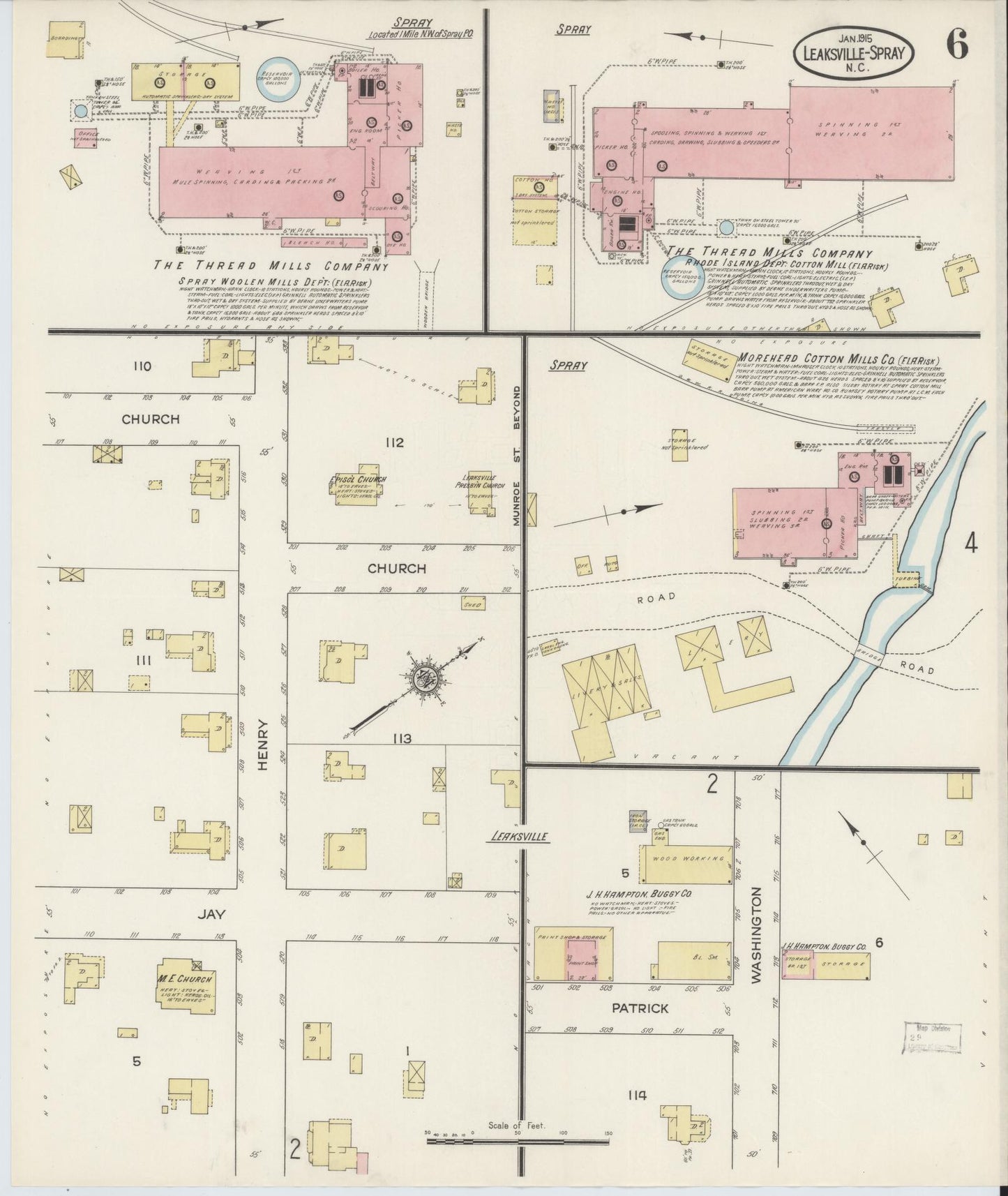 Sanborn Fire Insurance Map from Leaksville-spray, Rockingham County, North Carolina (1915), Sheet #0006 - Complete Map Set gallery image, historic Sanborn map, vintage wall art, North Carolina North Carolina