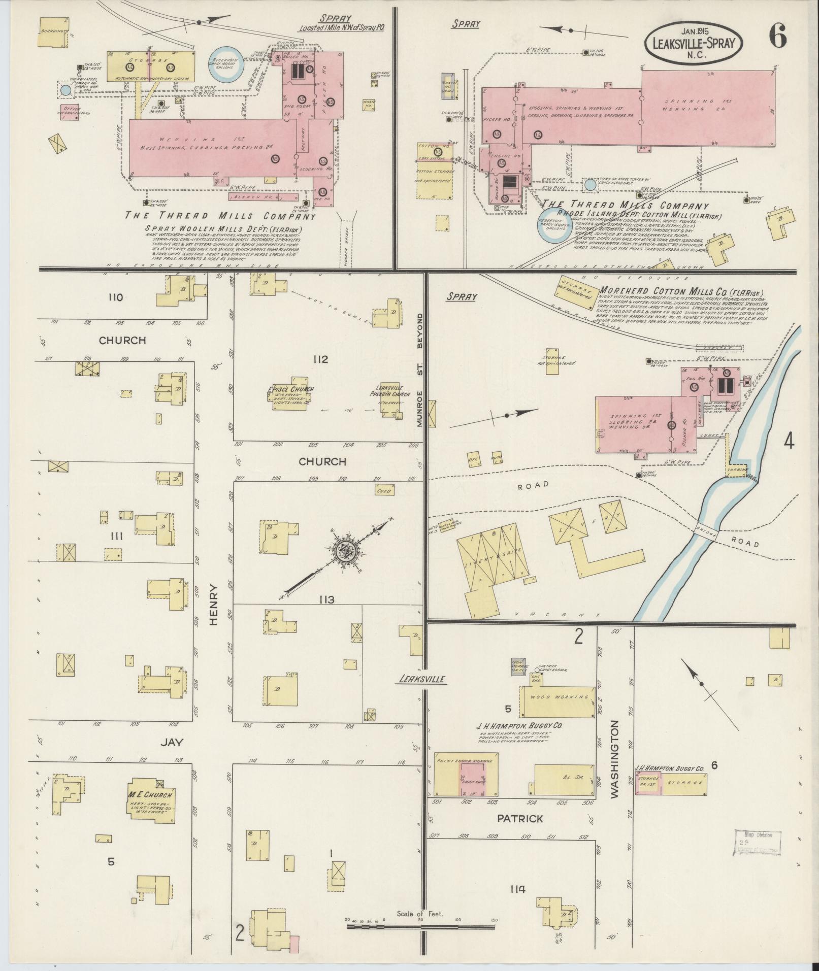 Sanborn Fire Insurance Map from Leaksville-spray, Rockingham County, North Carolina (1915), Sheet #0006 - Complete Map Set gallery image, historic Sanborn map, vintage wall art, North Carolina North Carolina