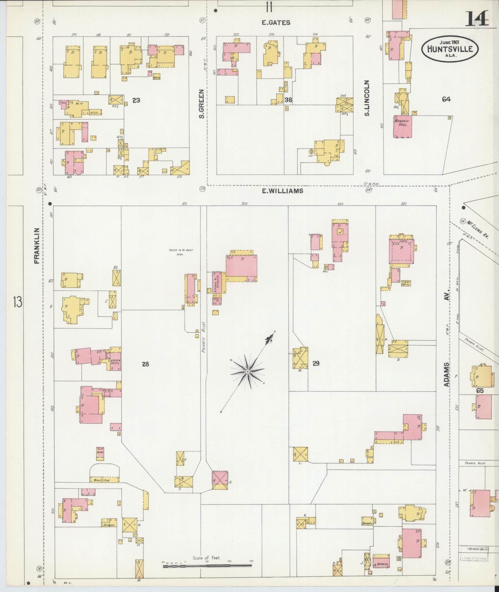 Sanborn Fire Insurance Map from Huntsville, Madison County, Alabama (1901), Sheet #0014 - Complete Map Set gallery image, historic Sanborn map, vintage wall art, Alabama Alabama