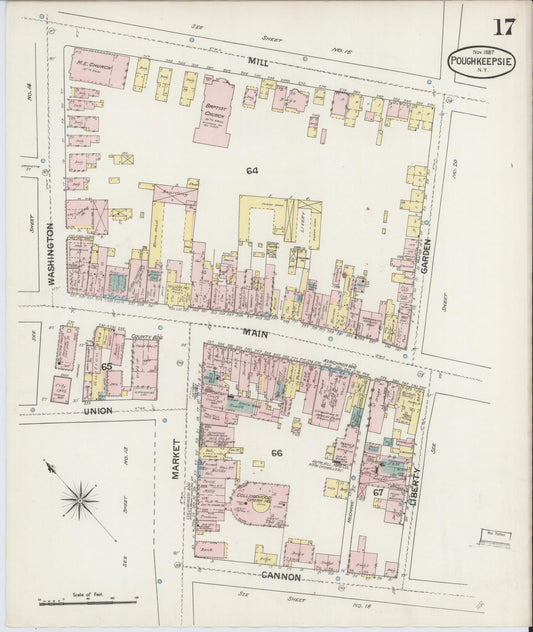 Sanborn Fire Insurance Map from Poughkeepsie, Dutchess County, New York (1887), Sheet #0017 - Historic Sanborn Fire Insurance Map Print, vintage old map wall art, antique decor, genealogy gift, New York New York map