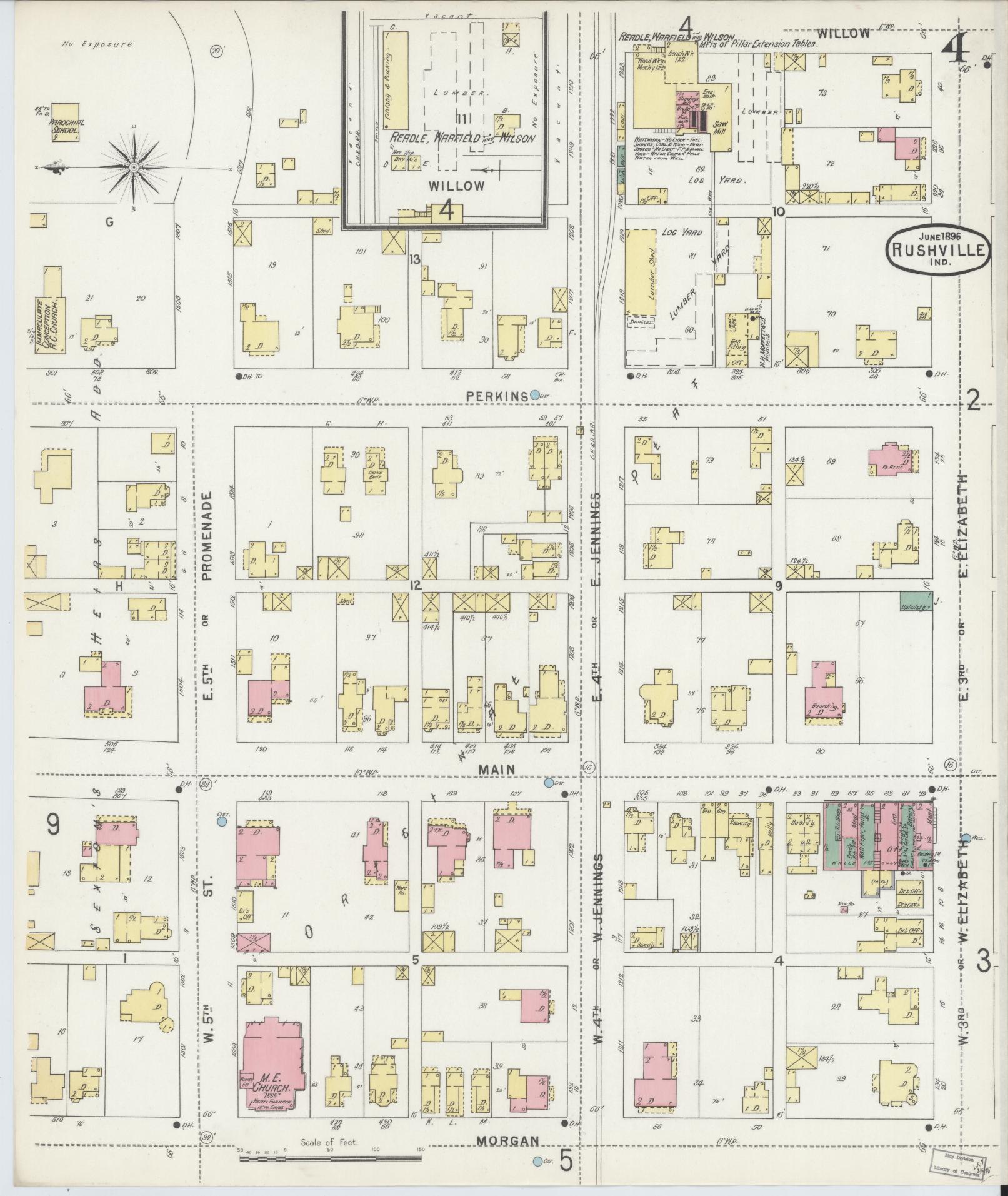 Sanborn Fire Insurance Map from Rushville, Rush County, Indiana (1896), Sheet #0004 - Complete Map Set gallery image, historic Sanborn map, vintage wall art, Indiana Indiana