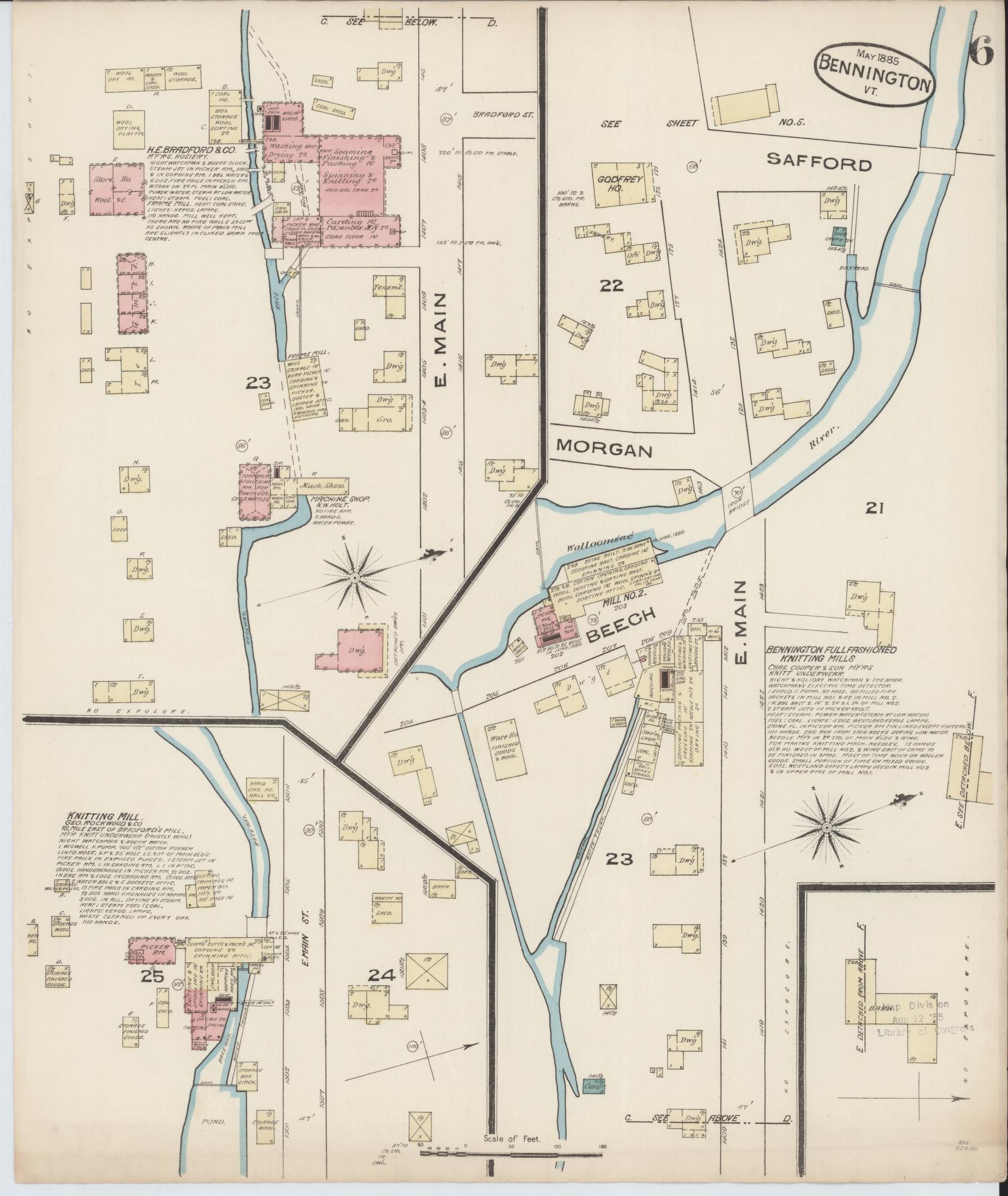 Sanborn Fire Insurance Map from Bennington, Bennington County, Vermont (1885), Sheet #0006 - Complete Map Set gallery image, historic Sanborn map, vintage wall art, Vermont Vermont