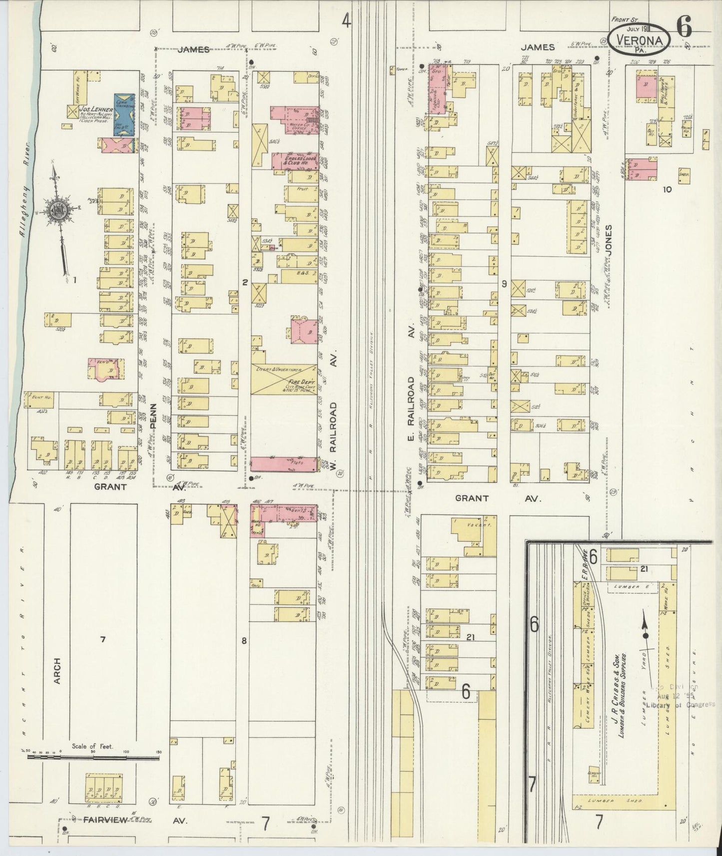 Sanborn Fire Insurance Map from Verona, Allegheny County, Pennsylvania (1911), Sheet #0006 - Historic Sanborn Fire Insurance Map Print, vintage old map wall art, antique decor, genealogy gift, Pennsylvania Pennsylvania map