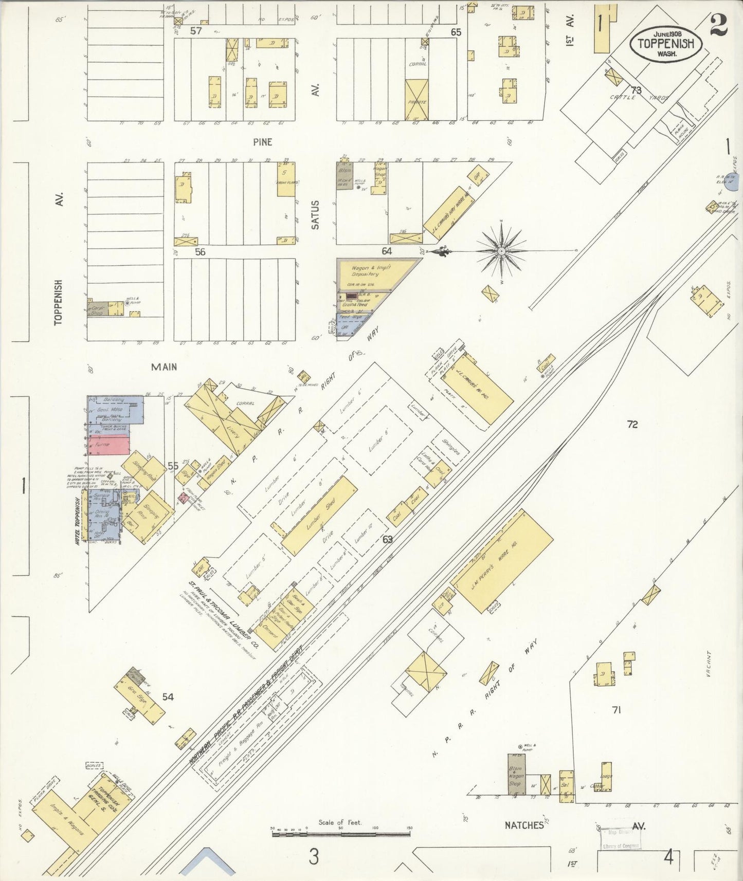 Sanborn Fire Insurance Map from Toppenish, Yakima County, Washington (1908), Sheet #0002 - Complete Map Set gallery image, historic Sanborn map, vintage wall art, Washington Washington