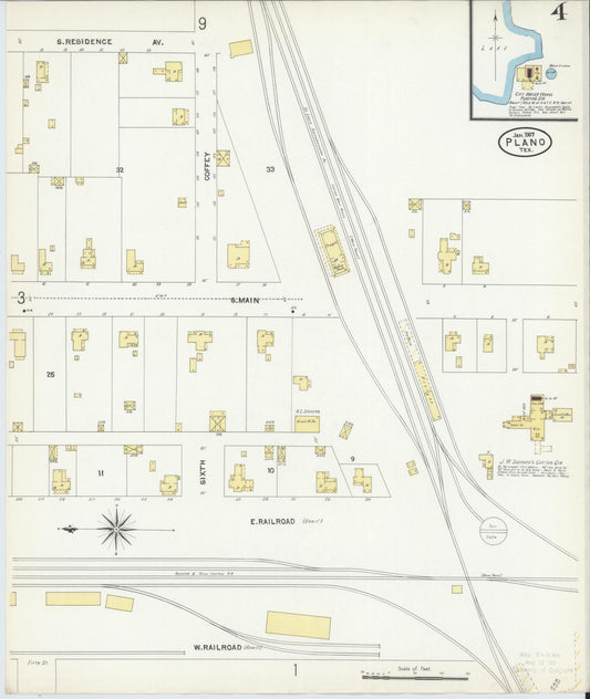 Sanborn Fire Insurance Map from Plano, Collin County, Texas (1907), Sheet #0004 - Historic Sanborn Fire Insurance Map Print, vintage old map wall art, antique decor, genealogy gift, Texas Texas map
