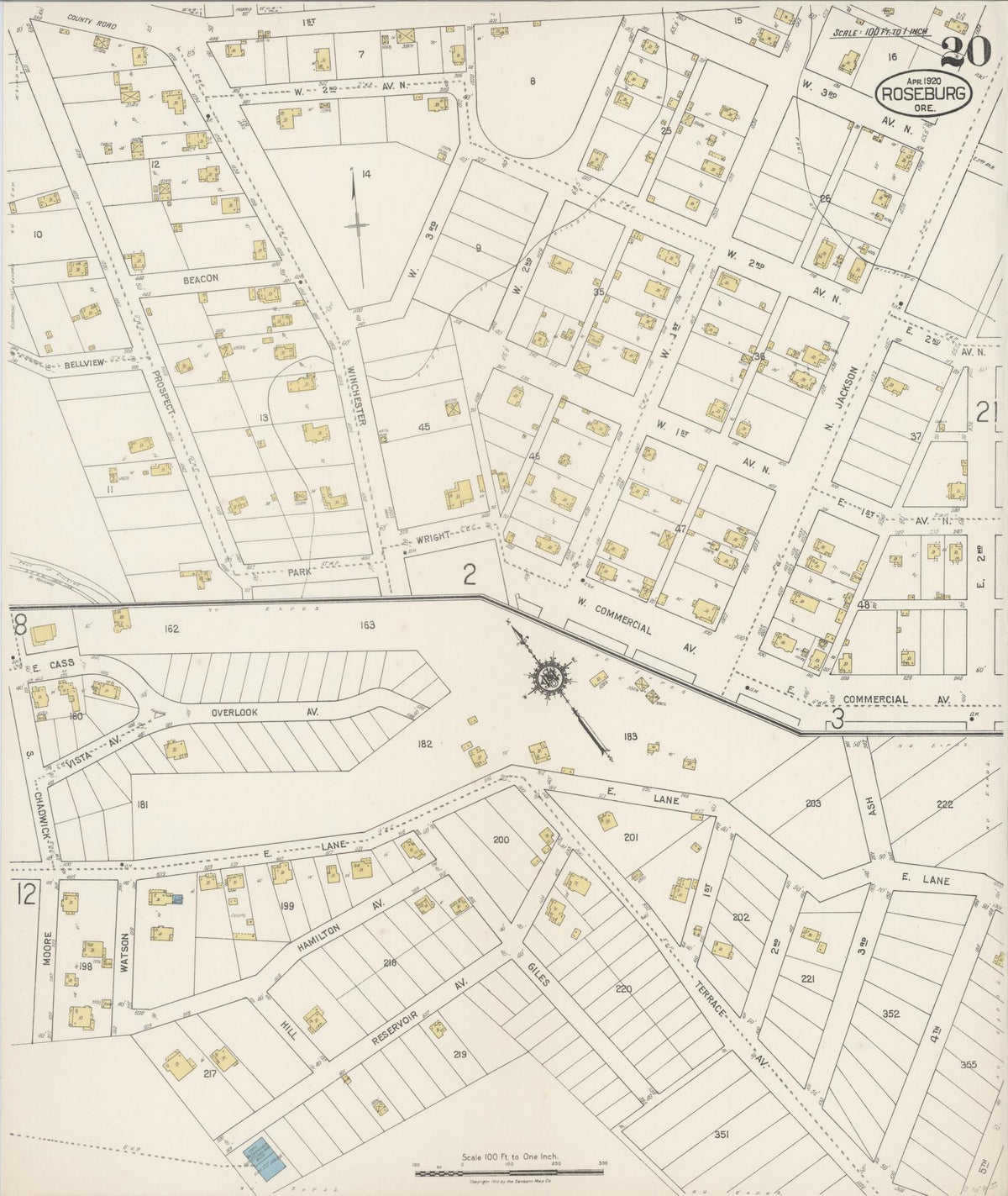 Sanborn Fire Insurance Map from Roseburg, Douglas County, Oregon (1920), Sheet #0020 - Historic Sanborn Fire Insurance Map Print, vintage old map wall art, antique decor, genealogy gift, Oregon Oregon map