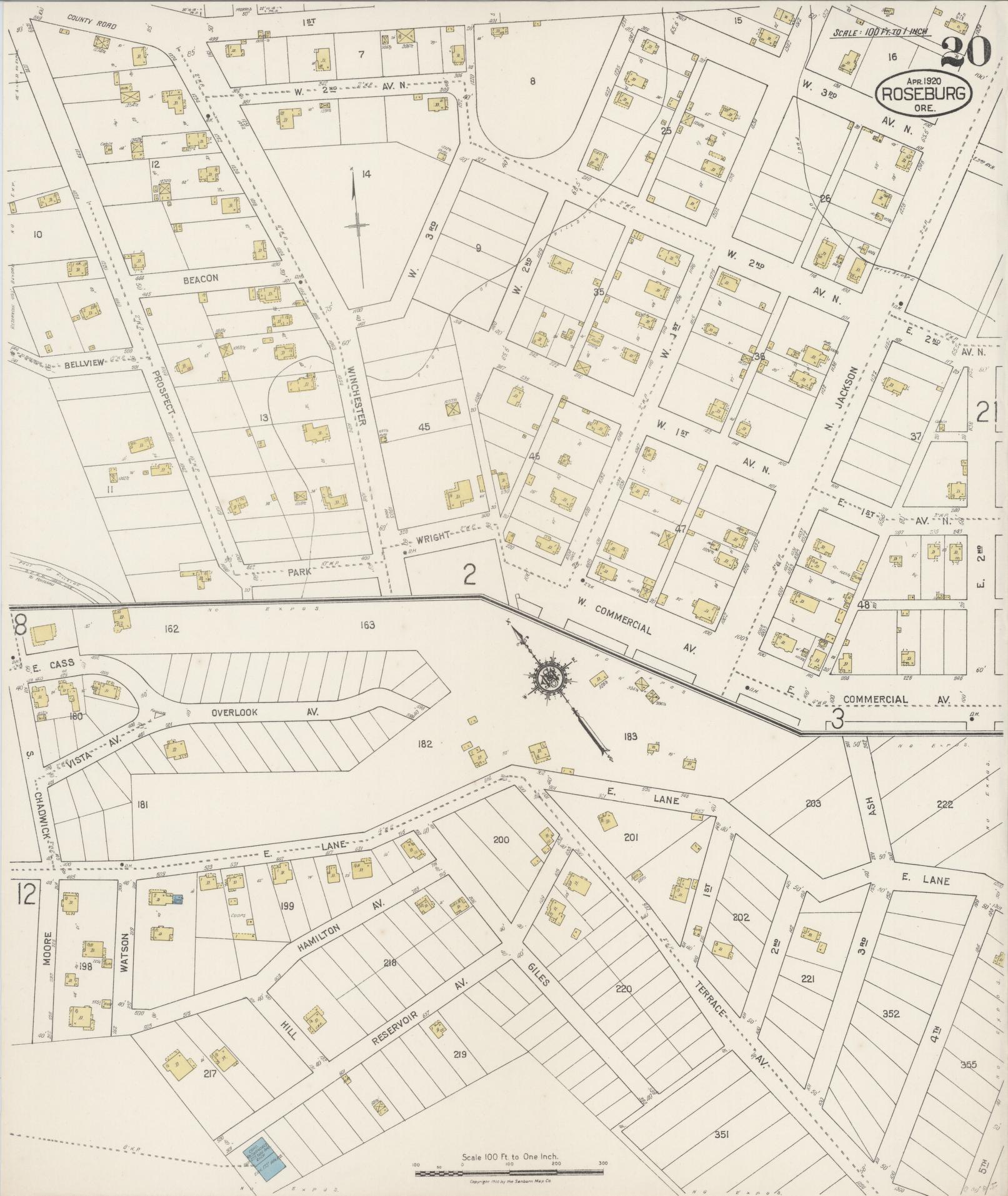 Sanborn Fire Insurance Map from Roseburg, Douglas County, Oregon (1920), Sheet #0020 - Historic Sanborn Fire Insurance Map Print, vintage old map wall art, antique decor, genealogy gift, Oregon Oregon map