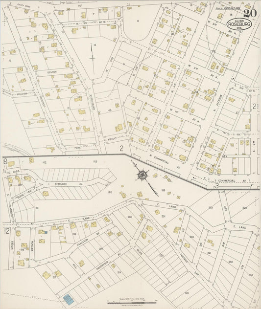 Sanborn Fire Insurance Map from Roseburg, Douglas County, Oregon (1920), Sheet #0020 - Historic Sanborn Fire Insurance Map Print, vintage old map wall art, antique decor, genealogy gift, Oregon Oregon map