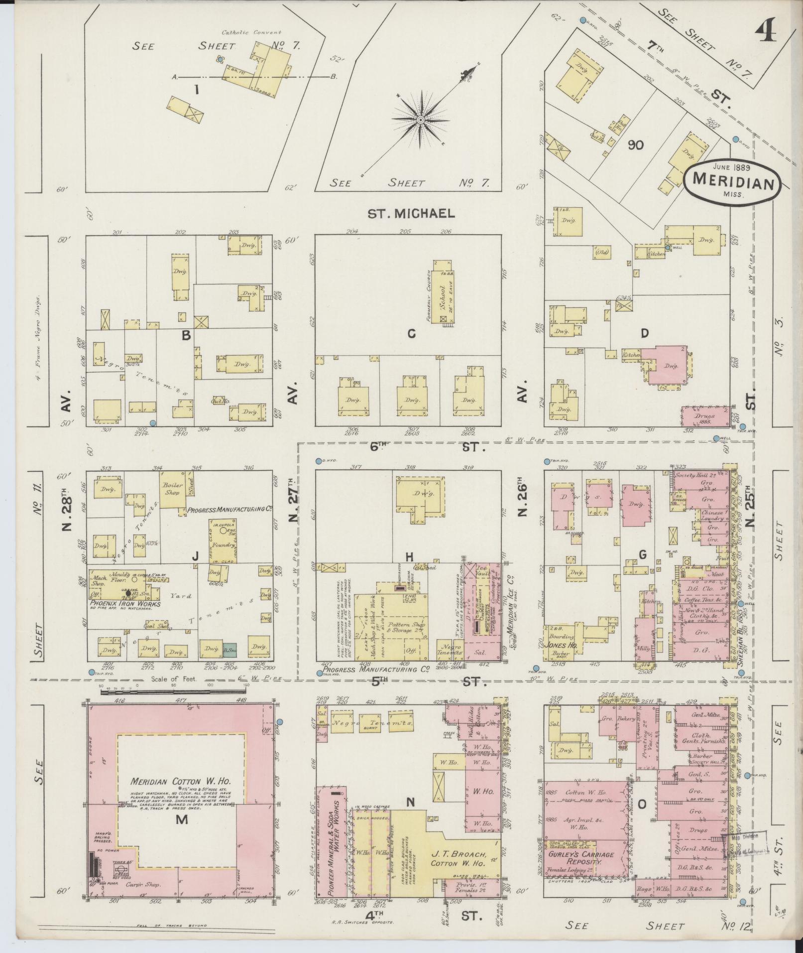 Sanborn Fire Insurance Map from Meridian, Lauderdale County, Mississippi (1889), Sheet #0004 - Historic Sanborn Fire Insurance Map Print, vintage old map wall art, antique decor, genealogy gift, Mississippi Mississippi map