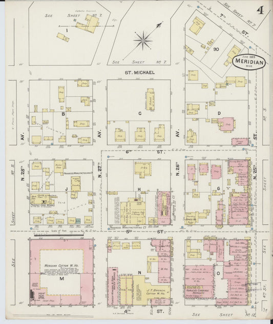 Sanborn Fire Insurance Map from Meridian, Lauderdale County, Mississippi (1889), Sheet #0004 - Historic Sanborn Fire Insurance Map Print, vintage old map wall art, antique decor, genealogy gift, Mississippi Mississippi map