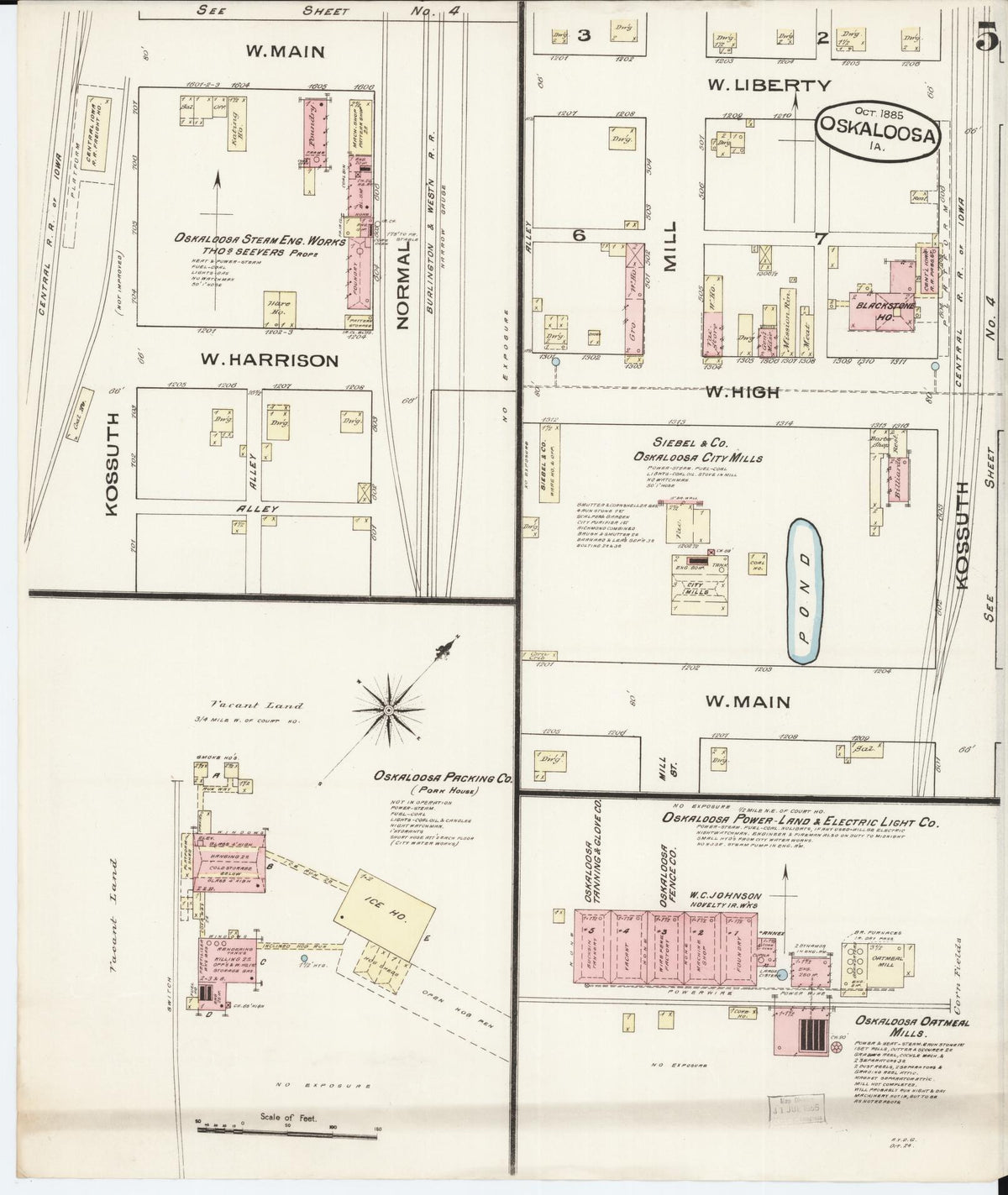 Sanborn Fire Insurance Map from Oskaloosa, Mahaska County, Iowa (1885), Sheet #0005 - Historic Sanborn Fire Insurance Map Print, vintage old map wall art