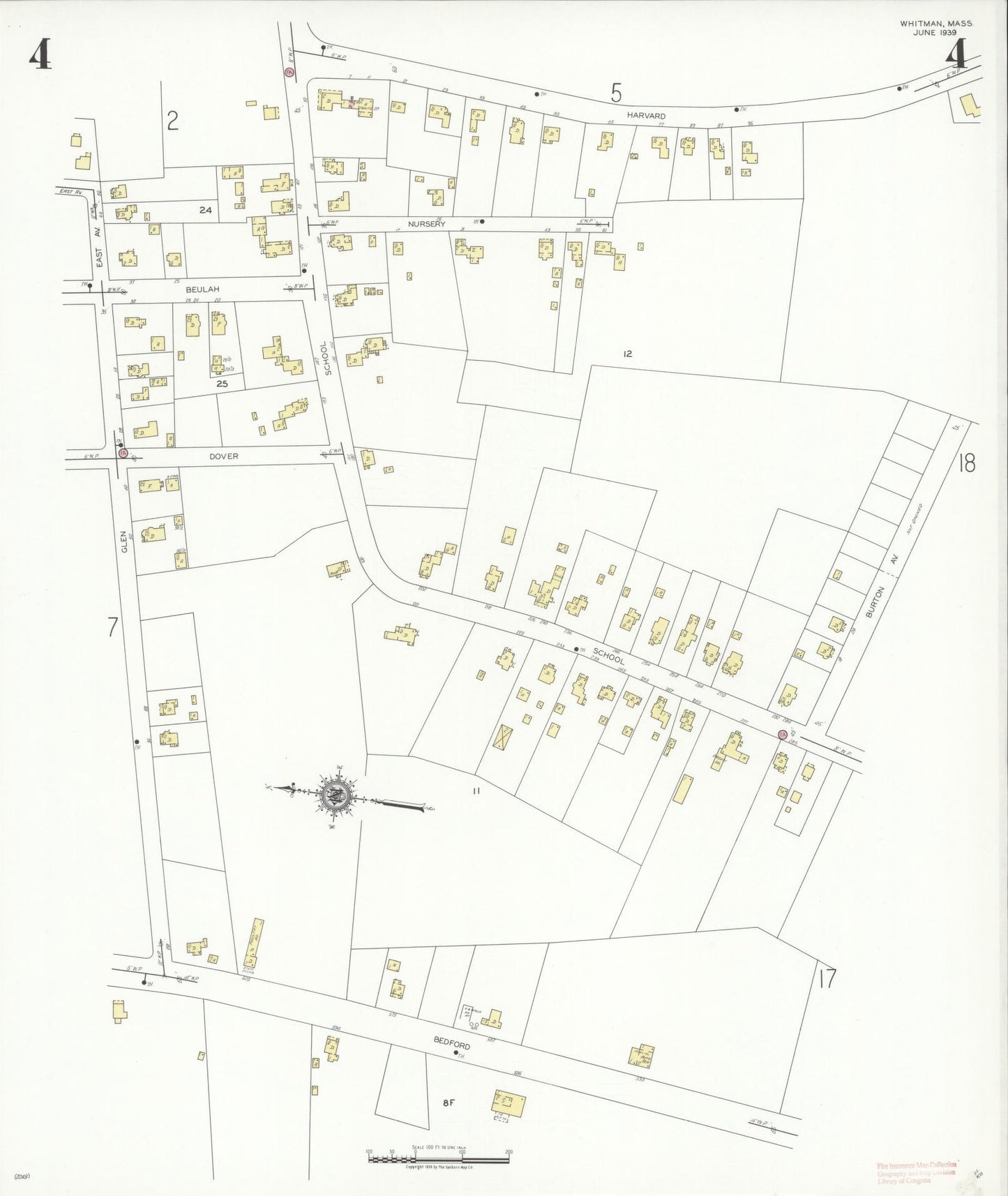 Sanborn Fire Insurance Map from Whitman, Plymouth County, Massachusetts (1939), Sheet #0004 - Complete Map Set gallery image, historic Sanborn map, vintage wall art, Massachusetts Massachusetts