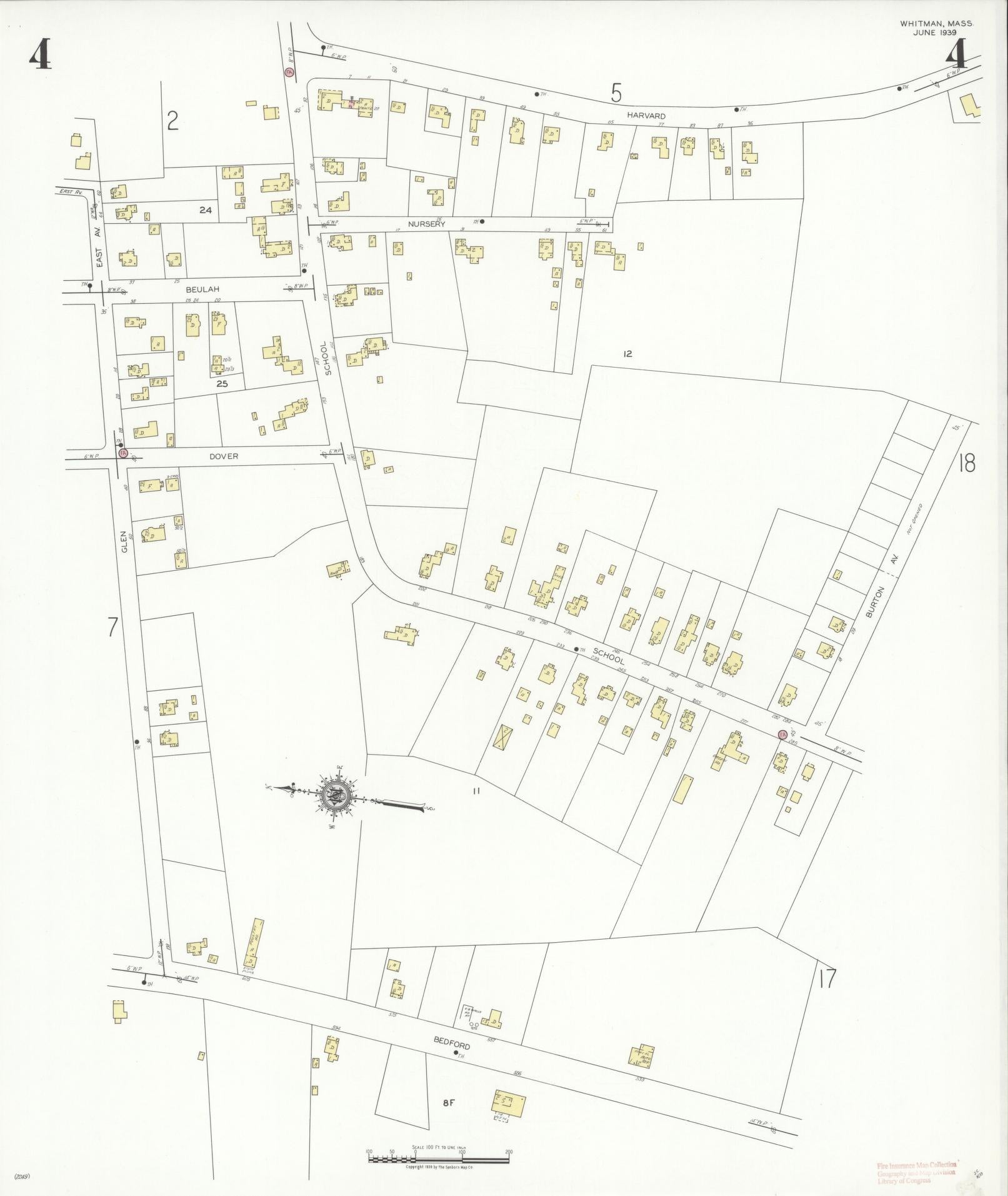 Sanborn Fire Insurance Map from Whitman, Plymouth County, Massachusetts (1939), Sheet #0004 - Complete Map Set gallery image, historic Sanborn map, vintage wall art, Massachusetts Massachusetts