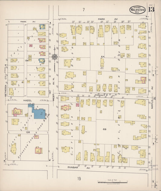 Sanborn Fire Insurance Map from Waukesha, Waukesha County, Wisconsin (1922), Sheet #0013 - Historic Sanborn Fire Insurance Map Print, vintage old map wall art, antique decor, genealogy gift, Wisconsin Wisconsin map
