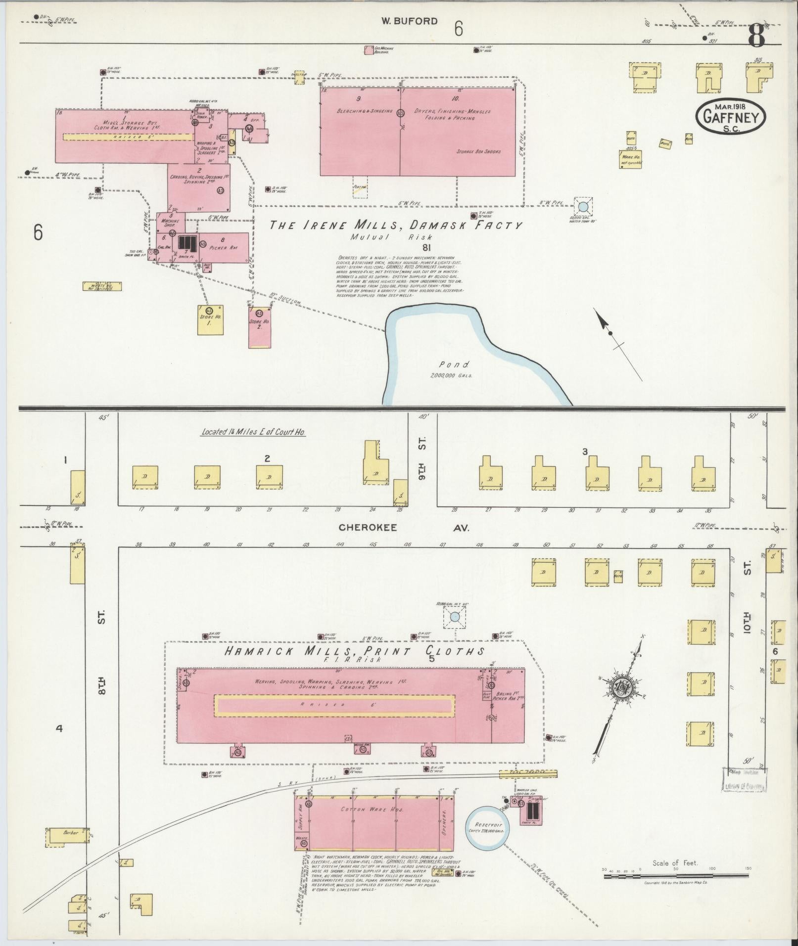 Sanborn Fire Insurance Map from Gaffney, Cherokee County, South Carolina (1918), Sheet #0008 - Complete Map Set gallery image, historic Sanborn map, vintage wall art, South Carolina South Carolina