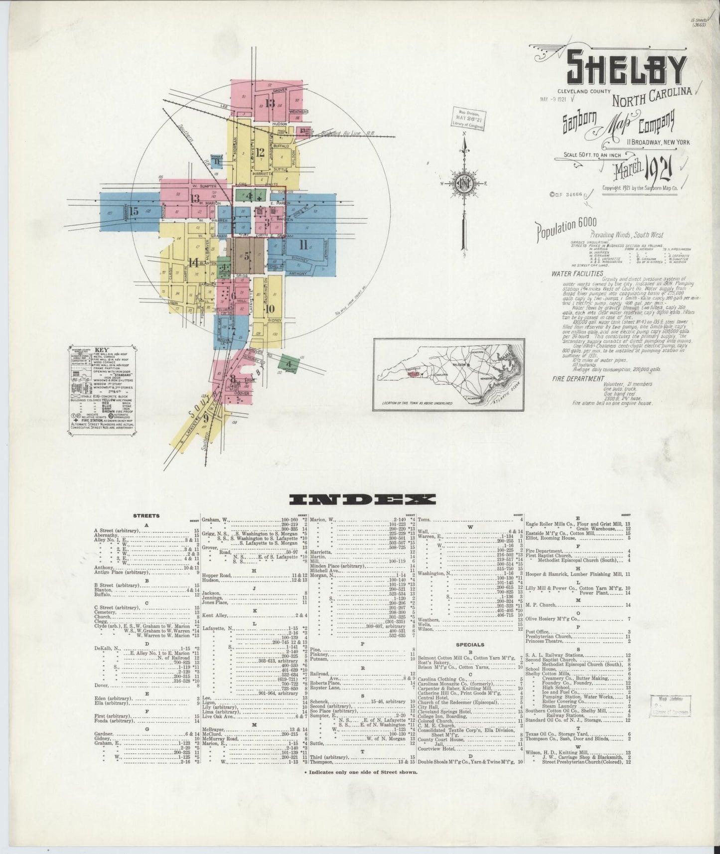 Sanborn Fire Insurance Map from Shelby, Cleveland County, North Carolina (1921), Sheet #0001 - Historic Sanborn Fire Insurance Map Print, vintage old map wall art, antique decor, genealogy gift, North Carolina North Carolina map
