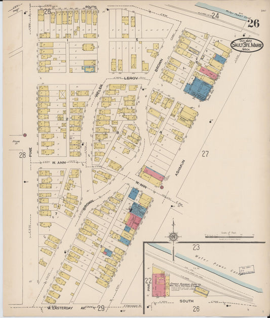 Sanborn Fire Insurance Map from Sault Sainte Marie, Chippewa County, Michigan (1922), Sheet #0026 - Historic Sanborn Fire Insurance Map Print, vintage old map wall art, antique decor, genealogy gift, Michigan Michigan map