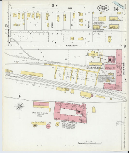 Sanborn Fire Insurance Map from Owosso, Shiawassee County, Michigan (1900), Sheet #0014 - Historic Sanborn Fire Insurance Map Print, vintage old map wall art, antique decor, genealogy gift, Michigan Michigan map