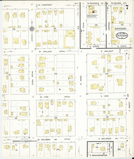 Sanborn Fire Insurance Map from Denison, Crawford County, Iowa (1913), Sheet #0007 - Historic Sanborn Fire Insurance Map Print, vintage old map wall art