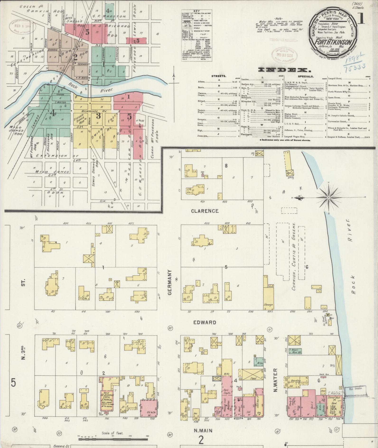 Sanborn Fire Insurance Map from Fort Atkinson, Jefferson County, Wisconsin (1898), Sheet #0001 - Historic Sanborn Fire Insurance Map Print, vintage old map wall art, antique decor, genealogy gift, Wisconsin Wisconsin map