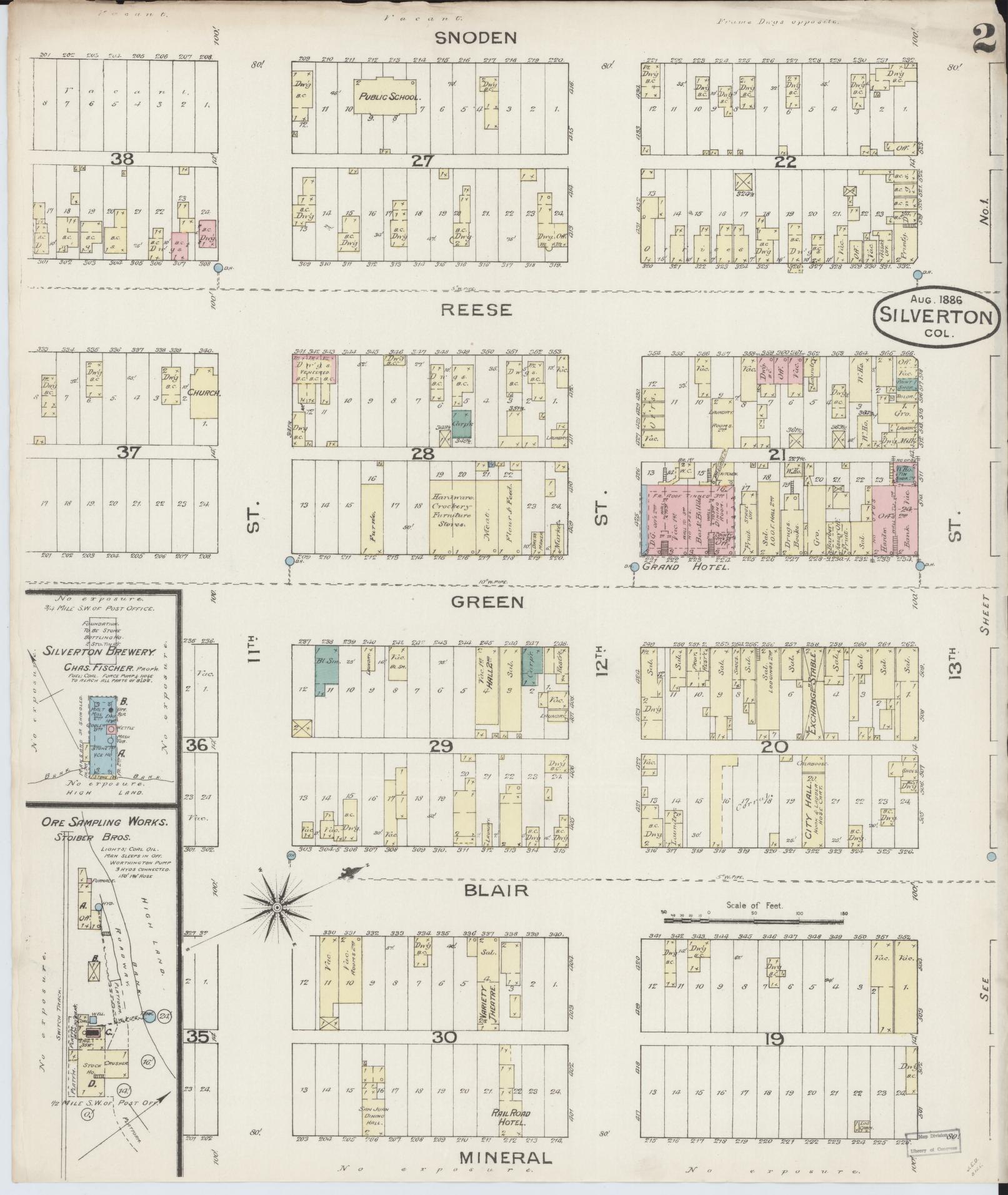 Sanborn Fire Insurance Map from Silverton, San Juan County, Colorado (1886), Sheet #0002 - Historic Sanborn Fire Insurance Map Print, vintage old map wall art, antique decor, genealogy gift, Colorado Colorado map