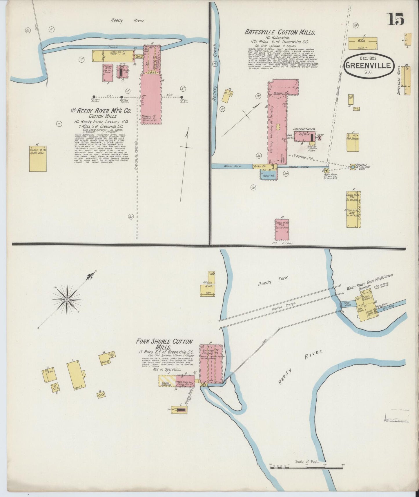 Sanborn Fire Insurance Map from Greenville, Greenville County, South Carolina (1893), Sheet #0015 - Historic Sanborn Fire Insurance Map Print, vintage old map wall art, antique decor, genealogy gift, South Carolina South Carolina map