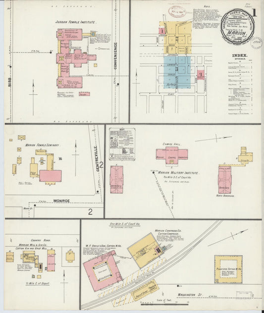 Sanborn Fire Insurance Map from Marion, Perry County, Alabama (1899), Sheet #0001 - Complete Map Set gallery image, historic Sanborn map, vintage wall art, Alabama Alabama