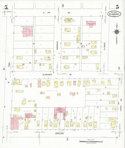 Sanborn Fire Insurance Map from Elmhurst, Du Page County, Illinois (1924), Sheet #0005 - Historic Sanborn Fire Insurance Map Print, vintage old map wall art, antique decor, genealogy gift, Illinois Illinois map