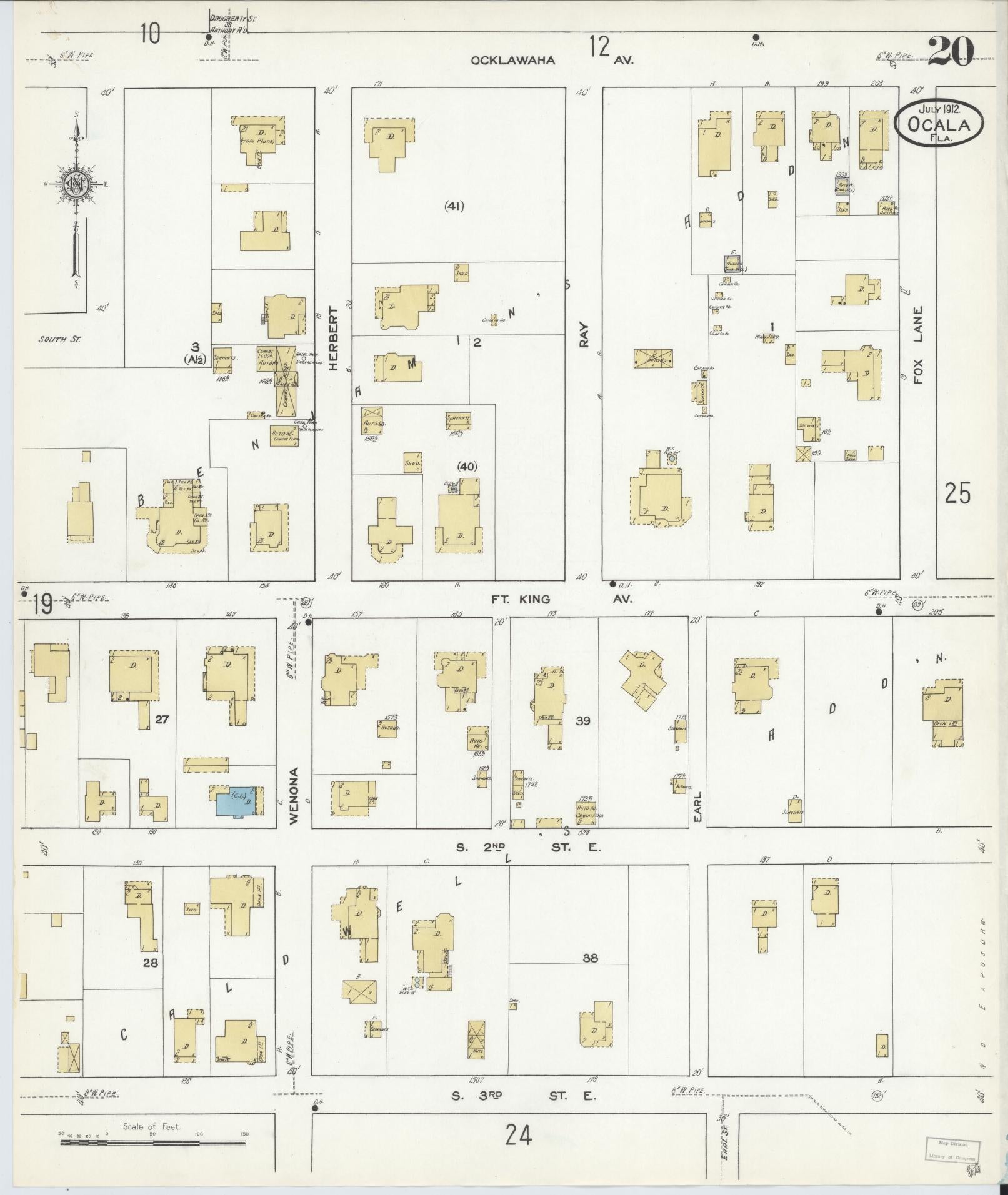 Sanborn Fire Insurance Map from Ocala, Marion County, Florida (1912), Sheet #0020 - Historic Sanborn Fire Insurance Map Print, vintage old map wall art, antique decor, genealogy gift, Florida Florida map