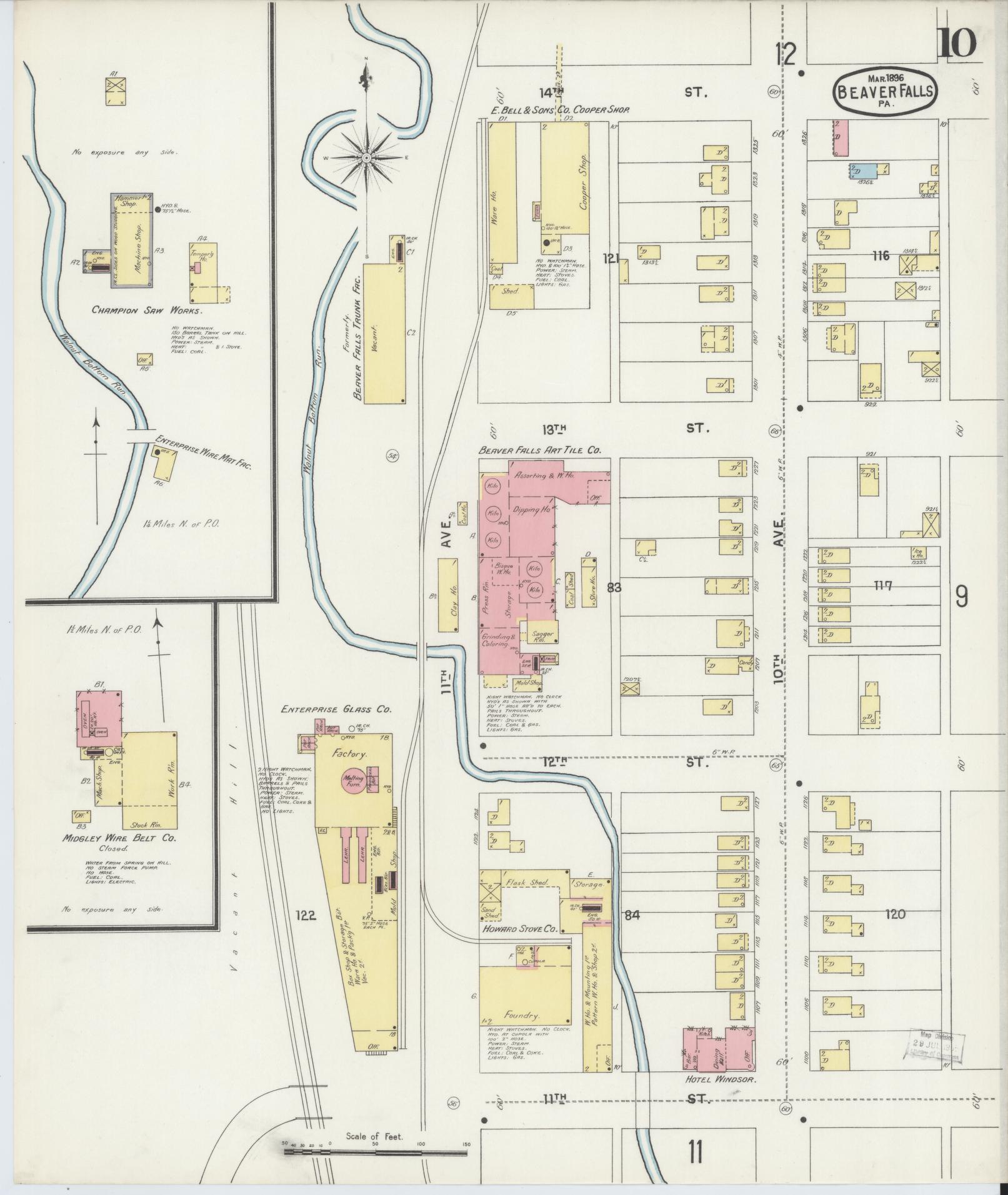 Sanborn Fire Insurance Map from Beaver Falls, Beaver County, Pennsylvania (1896), Sheet #0010 - Historic Sanborn Fire Insurance Map Print, vintage old map wall art, antique decor, genealogy gift, Pennsylvania Pennsylvania map