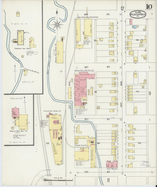 Sanborn Fire Insurance Map from Beaver Falls, Beaver County, Pennsylvania (1896), Sheet #0010 - Historic Sanborn Fire Insurance Map Print, vintage old map wall art, antique decor, genealogy gift, Pennsylvania Pennsylvania map