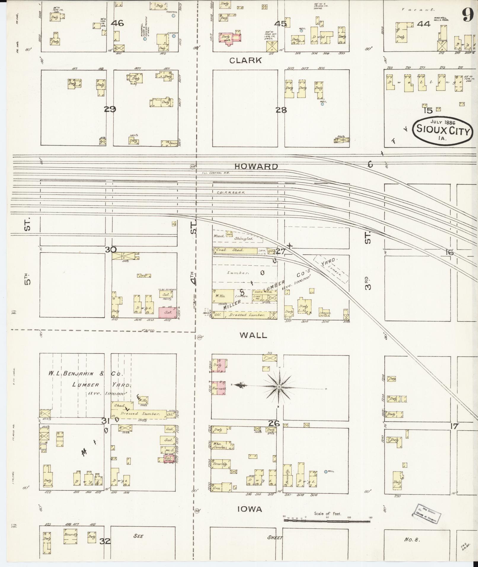 Sanborn Fire Insurance Map from Sioux City, Woodbury County, Iowa (1886), Sheet #0009 - Historic Sanborn Fire Insurance Map Print, vintage old map wall art