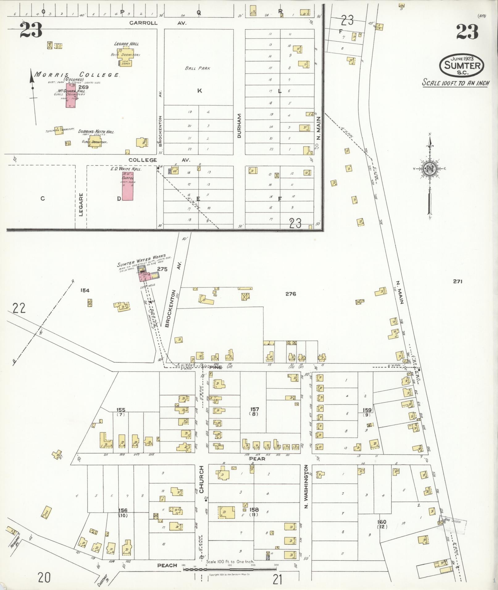Sanborn Fire Insurance Map from Sumter, Sumter County, South Carolina (1923), Sheet #0023 - Historic Sanborn Fire Insurance Map Print, vintage old map wall art, antique decor, genealogy gift, South Carolina South Carolina map
