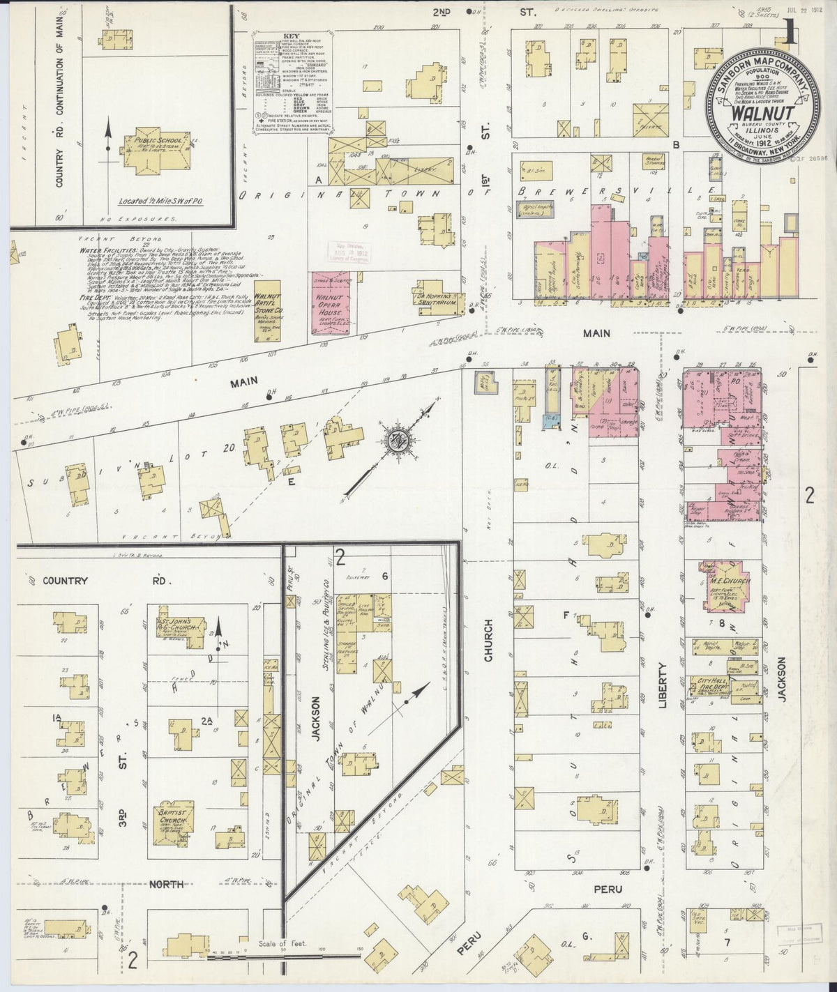 Sanborn Fire Insurance Map from Walnut, Bureau County, Illinois (1912), Sheet #0001 - Historic Sanborn Fire Insurance Map Print, vintage old map wall art, antique decor, genealogy gift, Illinois Illinois map