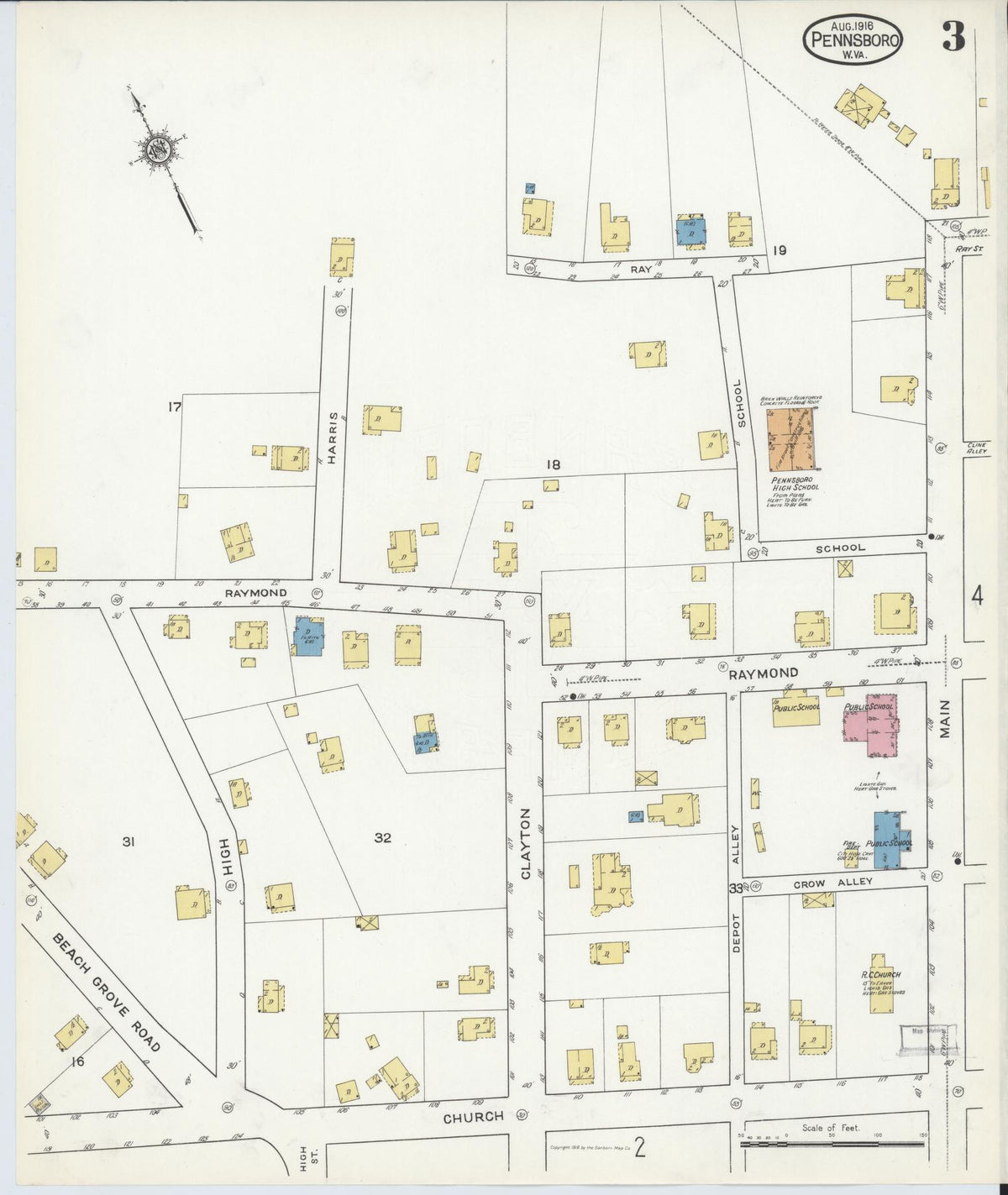 Sanborn Fire Insurance Map from Pennsboro, Richie County, West Virginia (1916), Sheet #0003 - Complete Map Set gallery image, historic Sanborn map, vintage wall art, West Virginia West Virginia