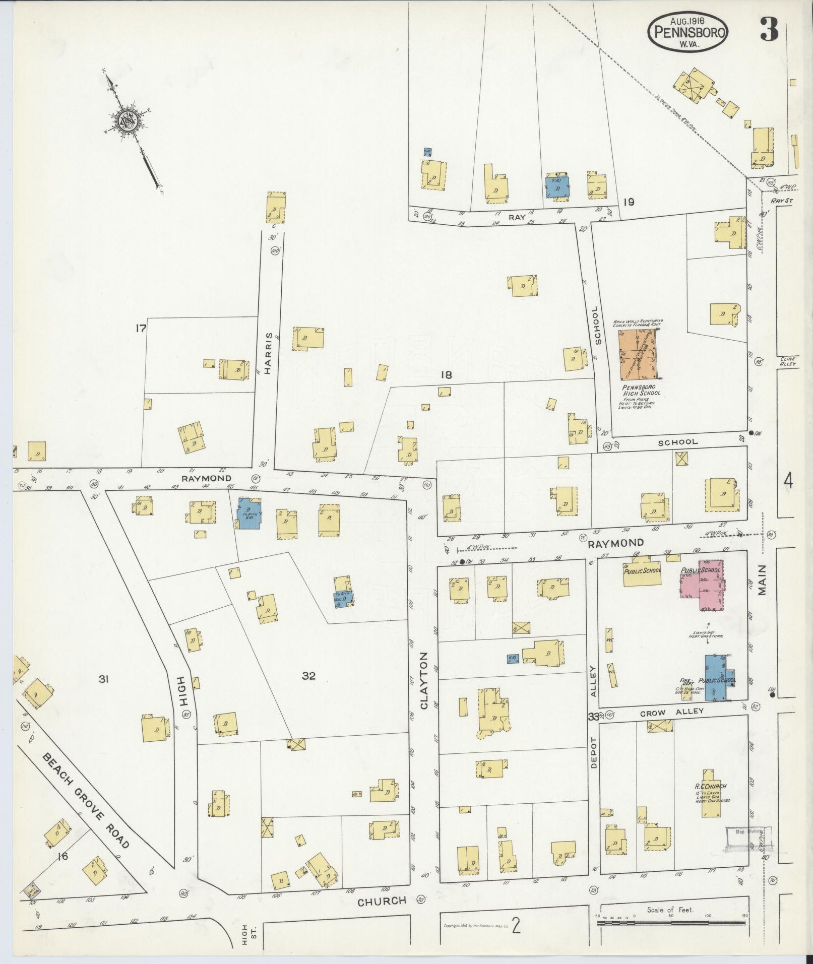 Sanborn Fire Insurance Map from Pennsboro, Richie County, West Virginia (1916), Sheet #0003 - Complete Map Set gallery image, historic Sanborn map, vintage wall art, West Virginia West Virginia