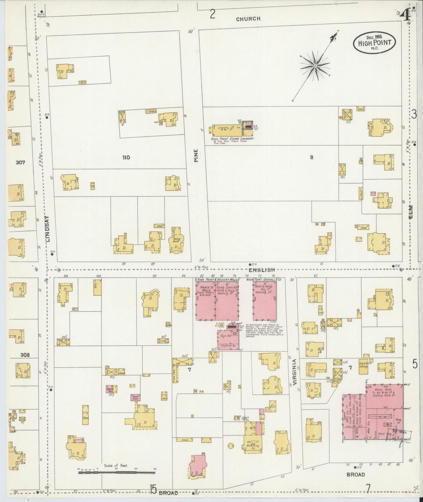 Sanborn Fire Insurance Map from High Point, Guilford County, North Carolina (1906), Sheet #0004 - Historic Sanborn Fire Insurance Map Print, vintage old map wall art, antique decor, genealogy gift, North Carolina North Carolina map