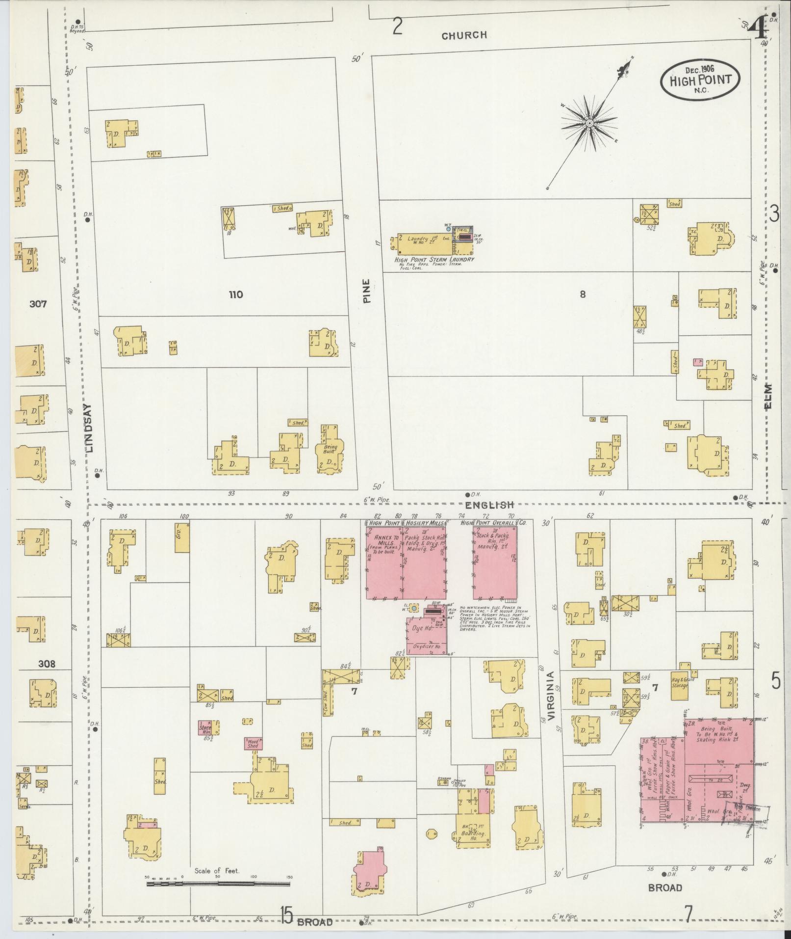 Sanborn Fire Insurance Map from High Point, Guilford County, North Carolina (1906), Sheet #0004 - Historic Sanborn Fire Insurance Map Print, vintage old map wall art, antique decor, genealogy gift, North Carolina North Carolina map
