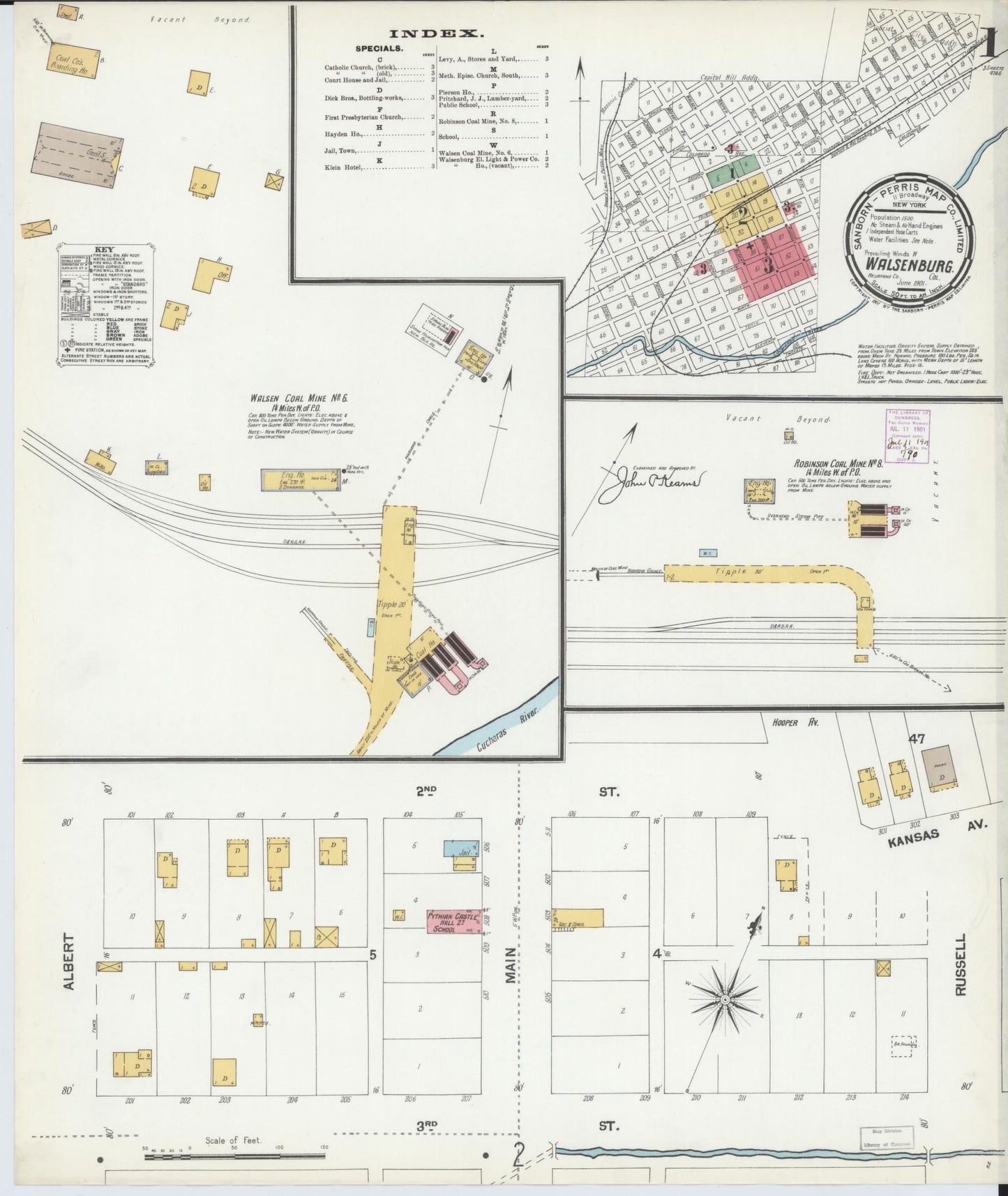 Sanborn Fire Insurance Map from Walsenburg, Huerfano County, Colorado (1901), Sheet #0001 - Complete Map Set gallery image, historic Sanborn map, vintage wall art, Colorado Colorado