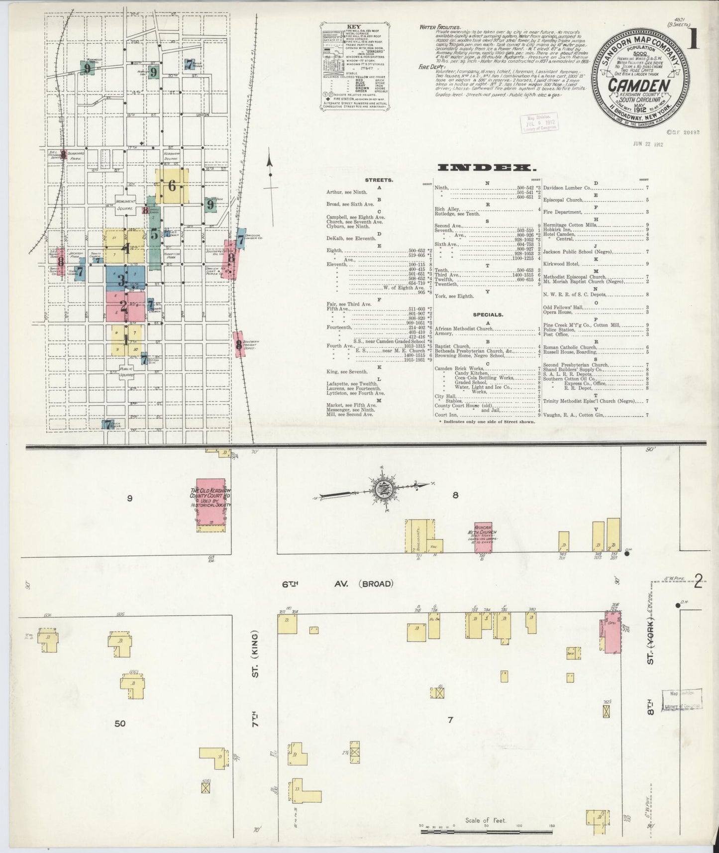 Sanborn Fire Insurance Map from Camden, Kershaw County, South Carolina (1912), Sheet #0001 - Historic Sanborn Fire Insurance Map Print, vintage old map wall art, antique decor, genealogy gift, South Carolina South Carolina map