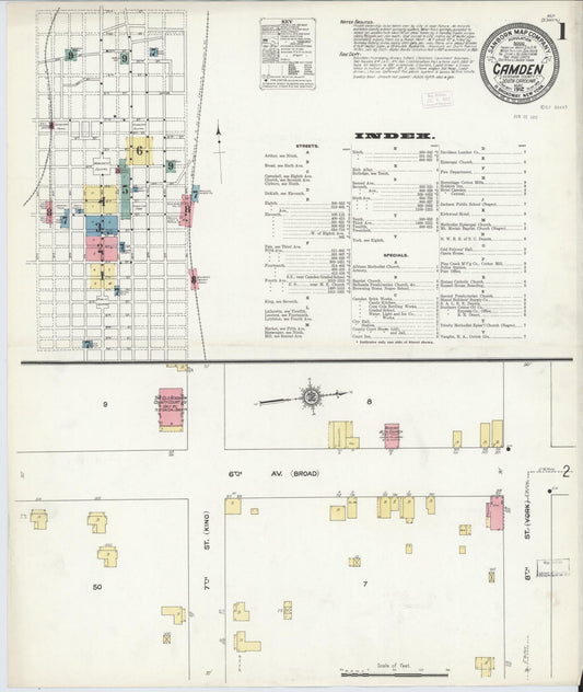 Sanborn Fire Insurance Map from Camden, Kershaw County, South Carolina (1912), Sheet #0001 - Historic Sanborn Fire Insurance Map Print, vintage old map wall art, antique decor, genealogy gift, South Carolina South Carolina map