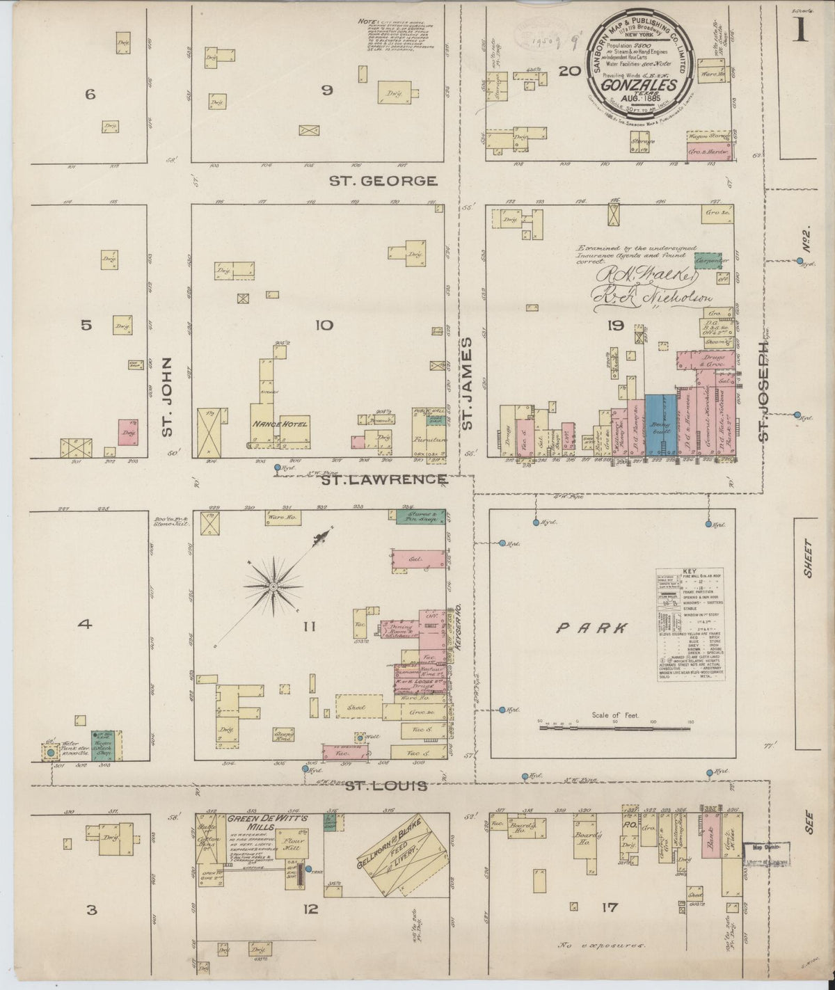 Sanborn Fire Insurance Map from Gonzales, Gonzales County, Texas (1885), Sheet #0001 - Complete Map Set gallery image, historic Sanborn map, vintage wall art, Texas Texas