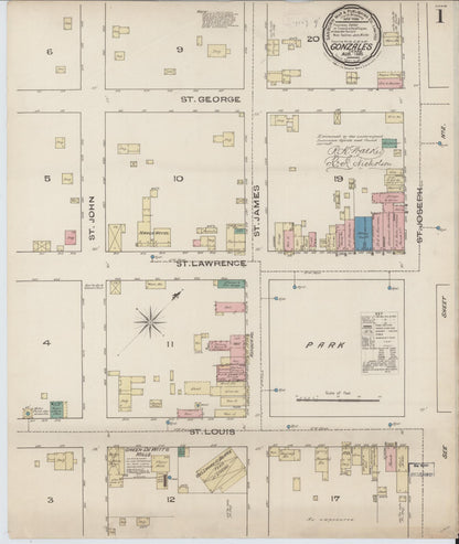 Sanborn Fire Insurance Map from Gonzales, Gonzales County, Texas (1885), Sheet #0001 - Complete Map Set gallery image, historic Sanborn map, vintage wall art, Texas Texas