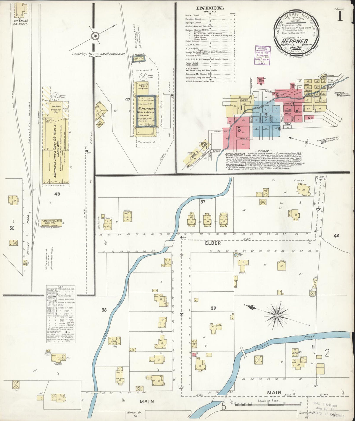 Sanborn Fire Insurance Map from Heppner, Morrow County, Oregon (1901), Sheet #0001 - Historic Sanborn Fire Insurance Map Print, vintage old map wall art, antique decor, genealogy gift, Oregon Oregon map