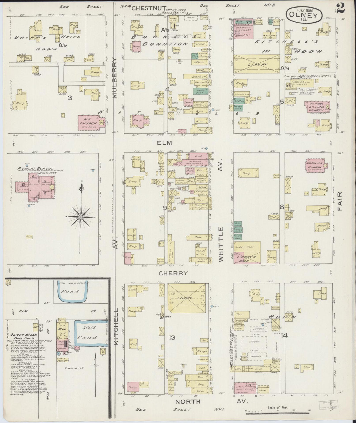 Sanborn Fire Insurance Map from Olney, Richland County, Illinois (1886), Sheet #0002 - Complete Map Set gallery image, historic Sanborn map, vintage wall art, Illinois Illinois