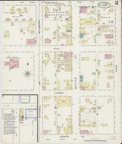 Sanborn Fire Insurance Map from Olney, Richland County, Illinois (1886), Sheet #0002 - Complete Map Set gallery image, historic Sanborn map, vintage wall art, Illinois Illinois